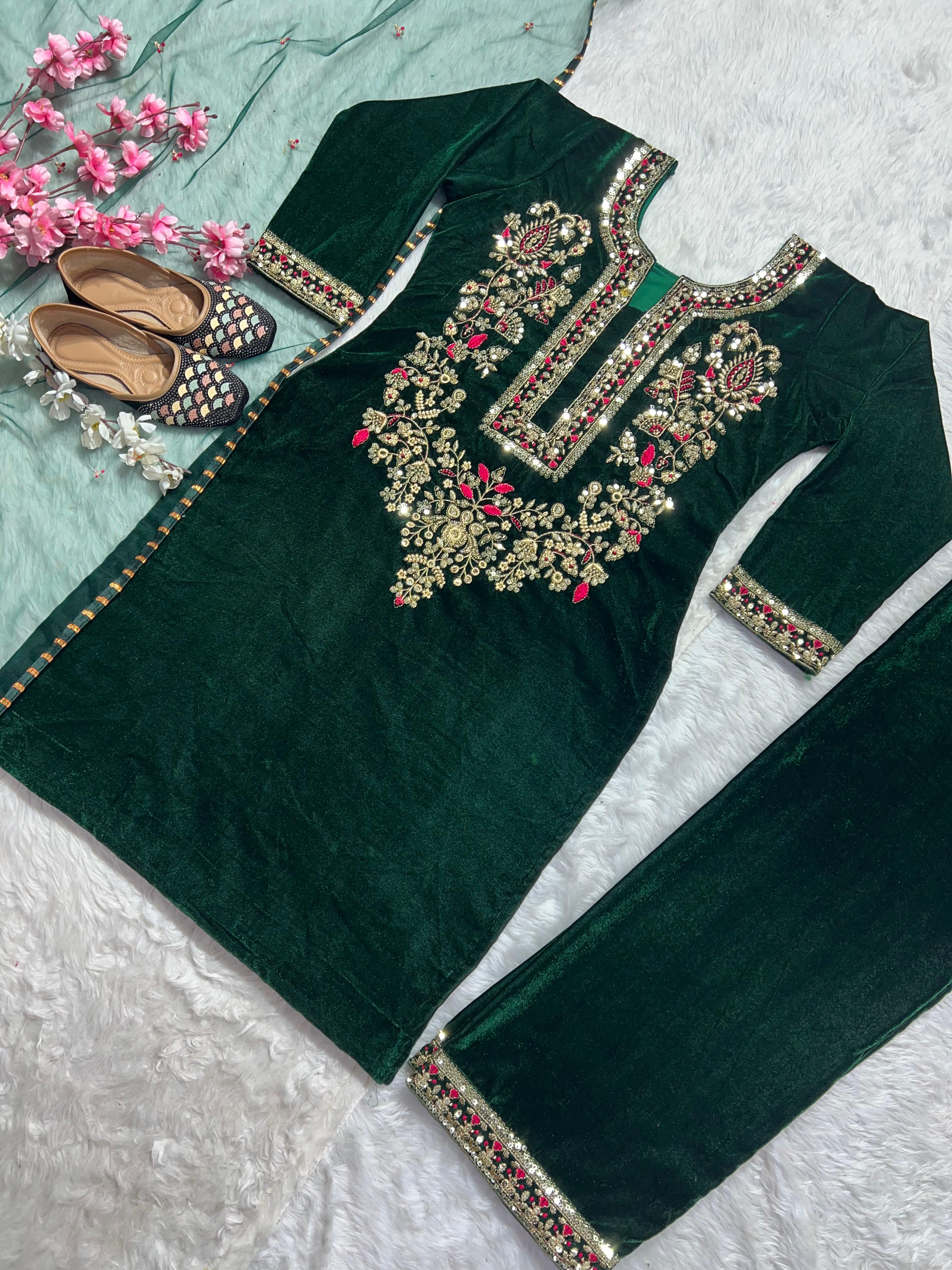 Alluring Green Color Heavy Viscous Velvet With Heavy Embroidery Sequence Work Beautiful Velvet Salwar Suit