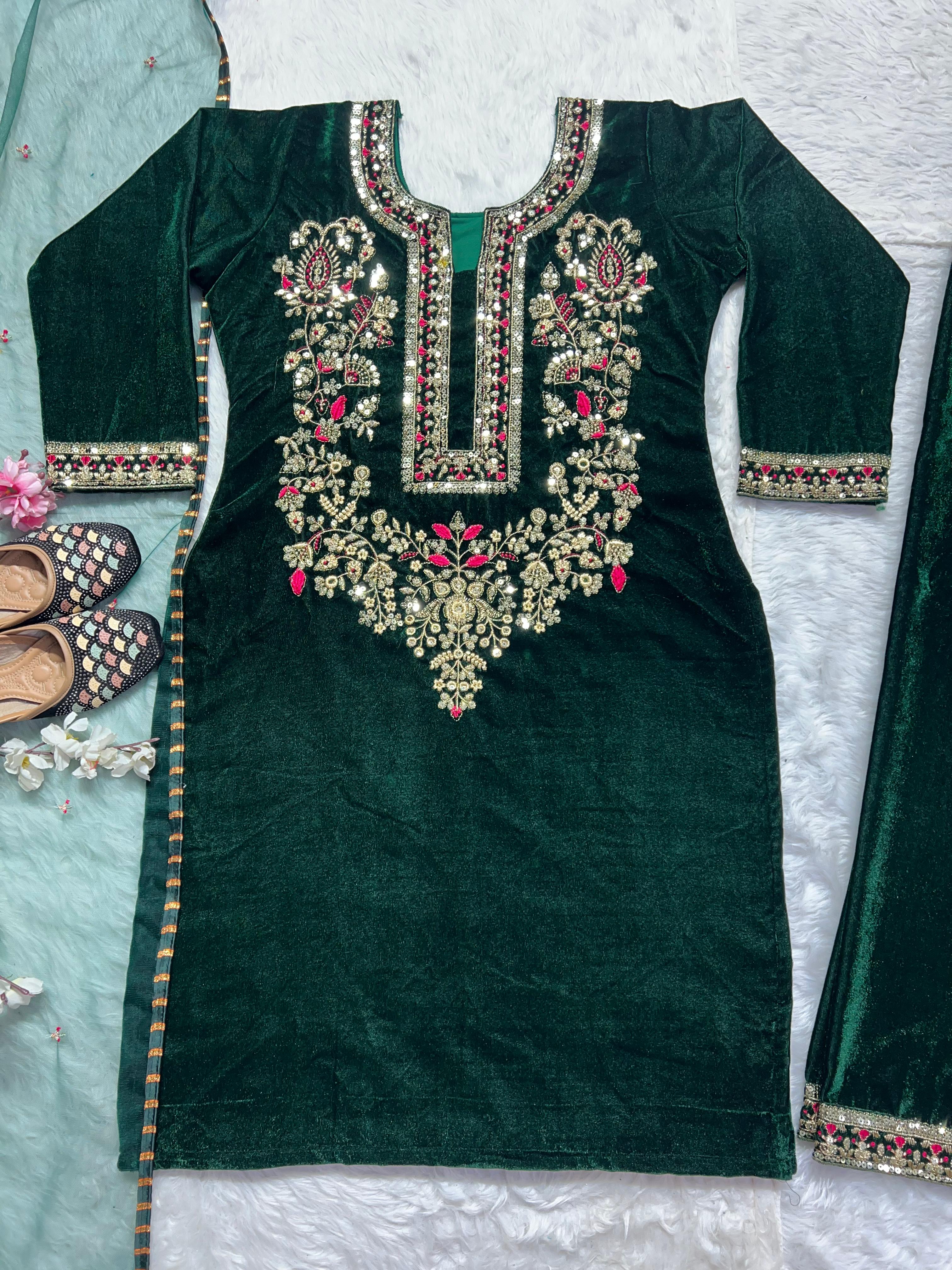 Alluring Green Color Heavy Viscous Velvet With Heavy Embroidery Sequence Work Beautiful Velvet Salwar Suit