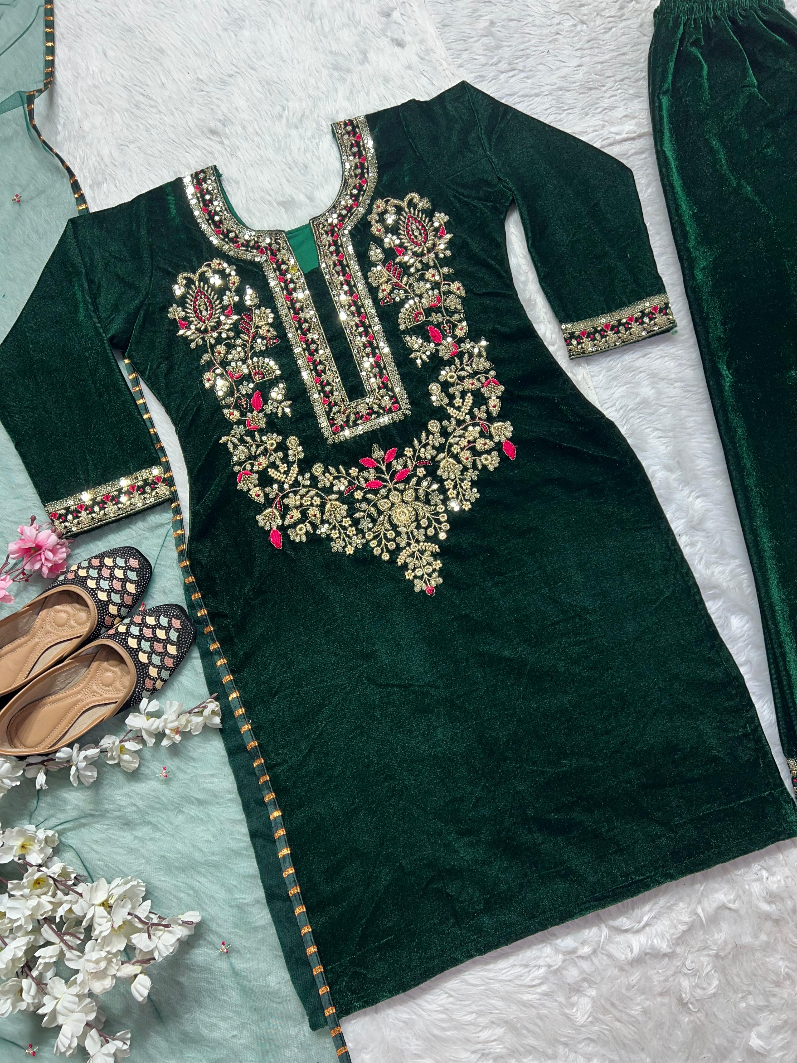 Alluring Green Color Heavy Viscous Velvet With Heavy Embroidery Sequence Work Beautiful Velvet Salwar Suit