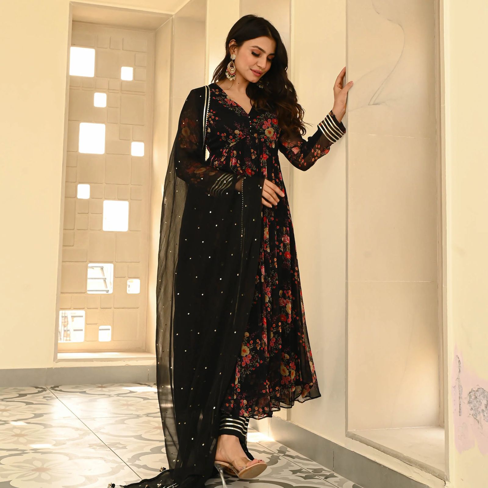 Fashionable Black Color Pure Georgette Printed Designer Anarkali Suit