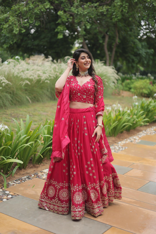 Stunning Pink Color Rangoli Silk With Heavy Sequins And Thread Embroidered Work Designer Lehenga Choli