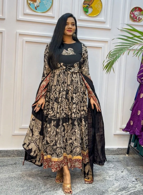 Function Wear Black And White Color Rayon Cotton And kalamkari Printed Designer Gown