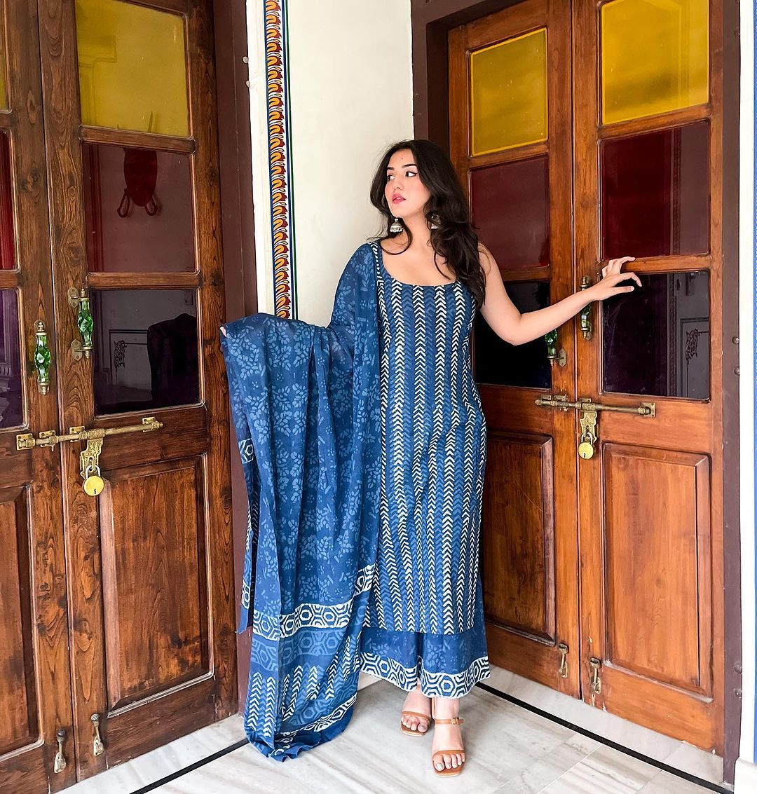 Fancy Wear Blue Color Pure Soft Cotton Printed Kurti With Palazzo