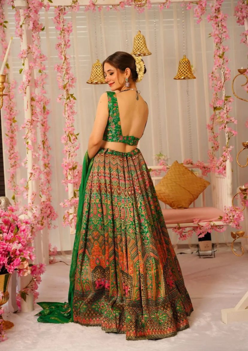 Marvelous Green Color Jimmy Organza Silk Digital Printed Lehenga Choli