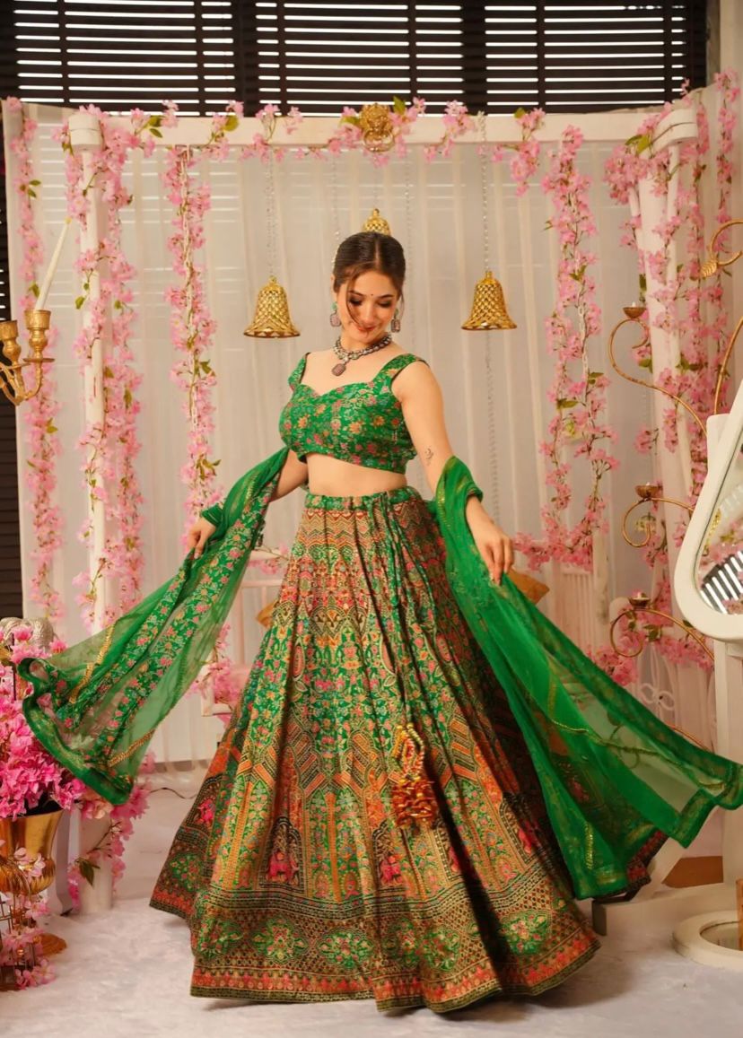 Marvelous Green Color Jimmy Organza Silk Digital Printed Lehenga Choli