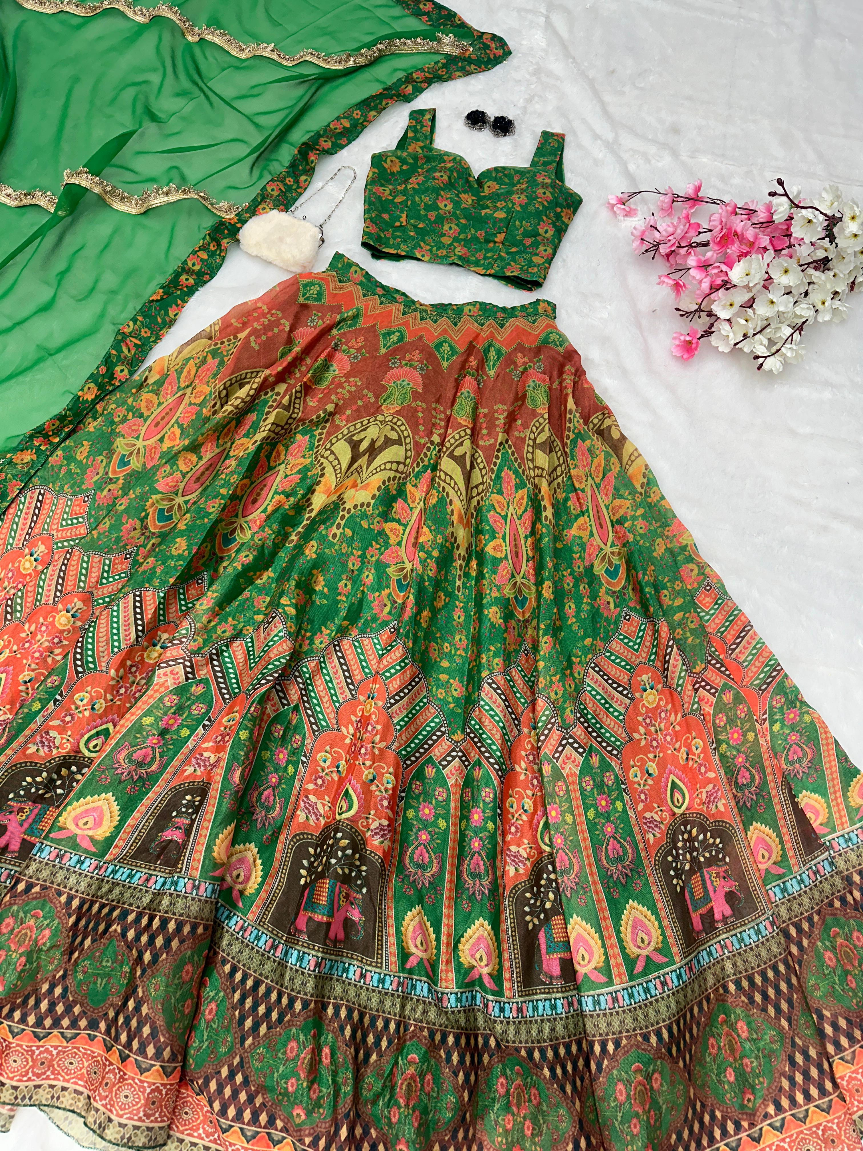 Marvelous Green Color Jimmy Organza Silk Digital Printed Lehenga Choli