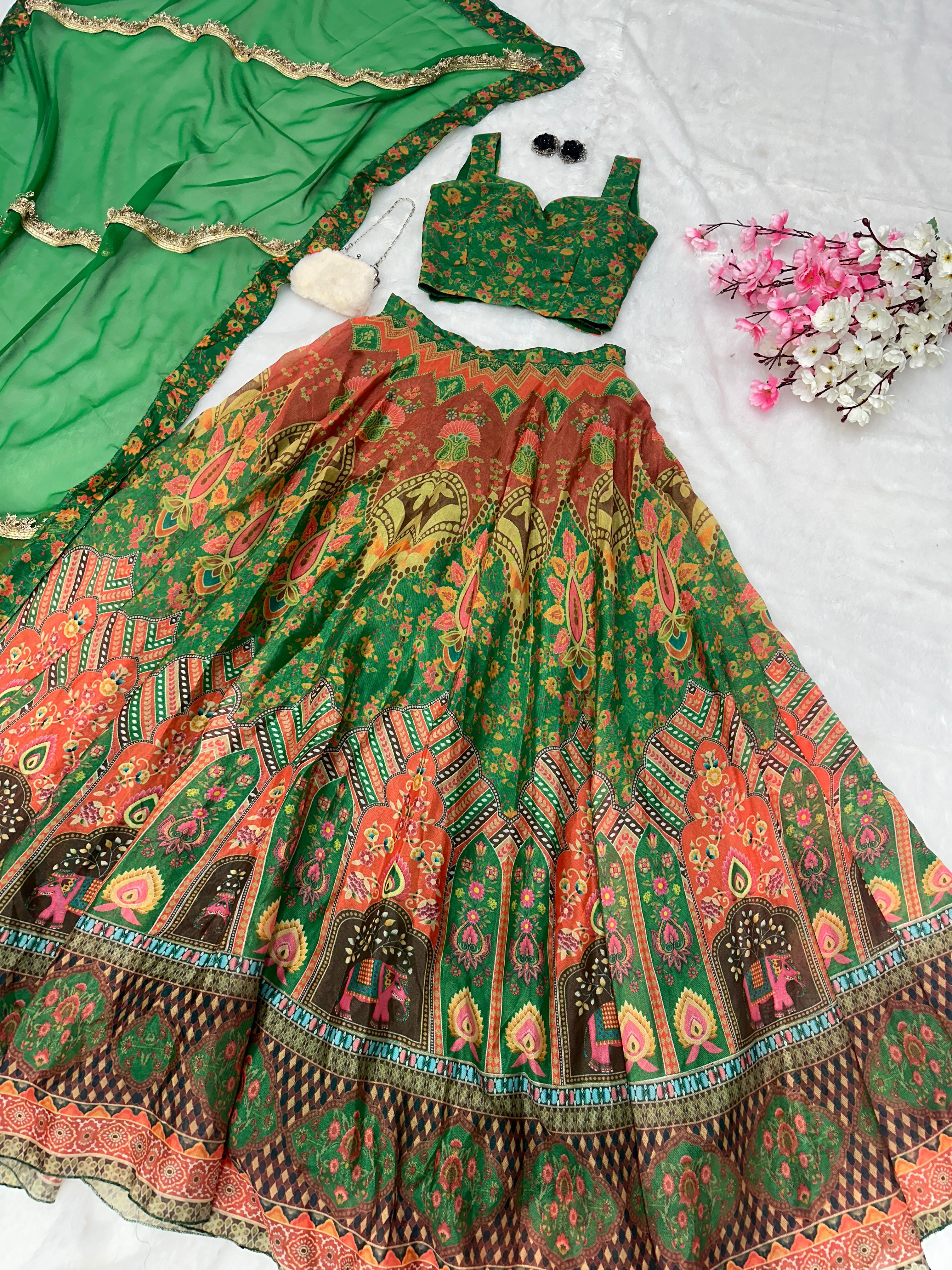 Marvelous Green Color Jimmy Organza Silk Digital Printed Lehenga Choli