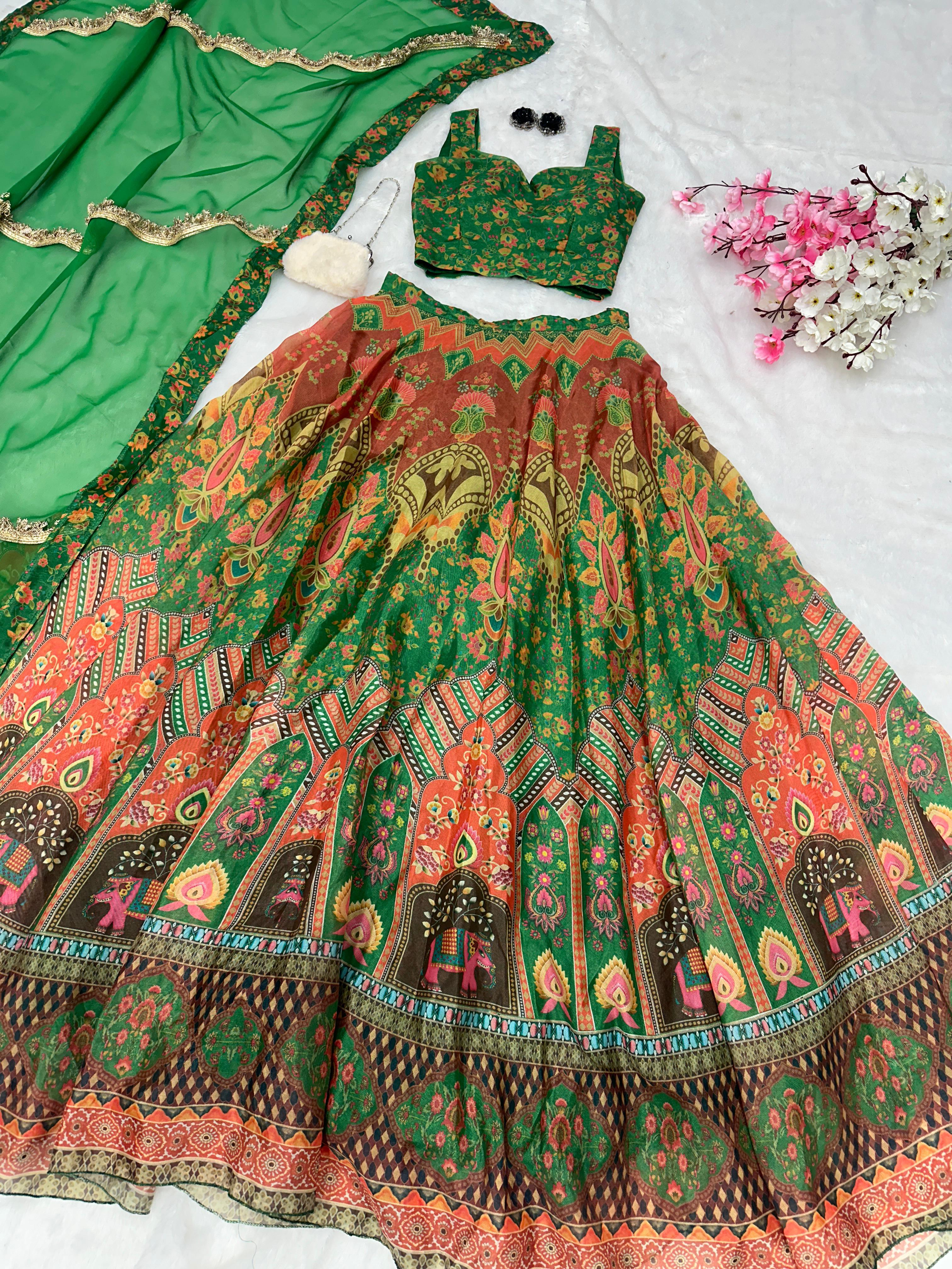 Marvelous Green Color Jimmy Organza Silk Digital Printed Lehenga Choli