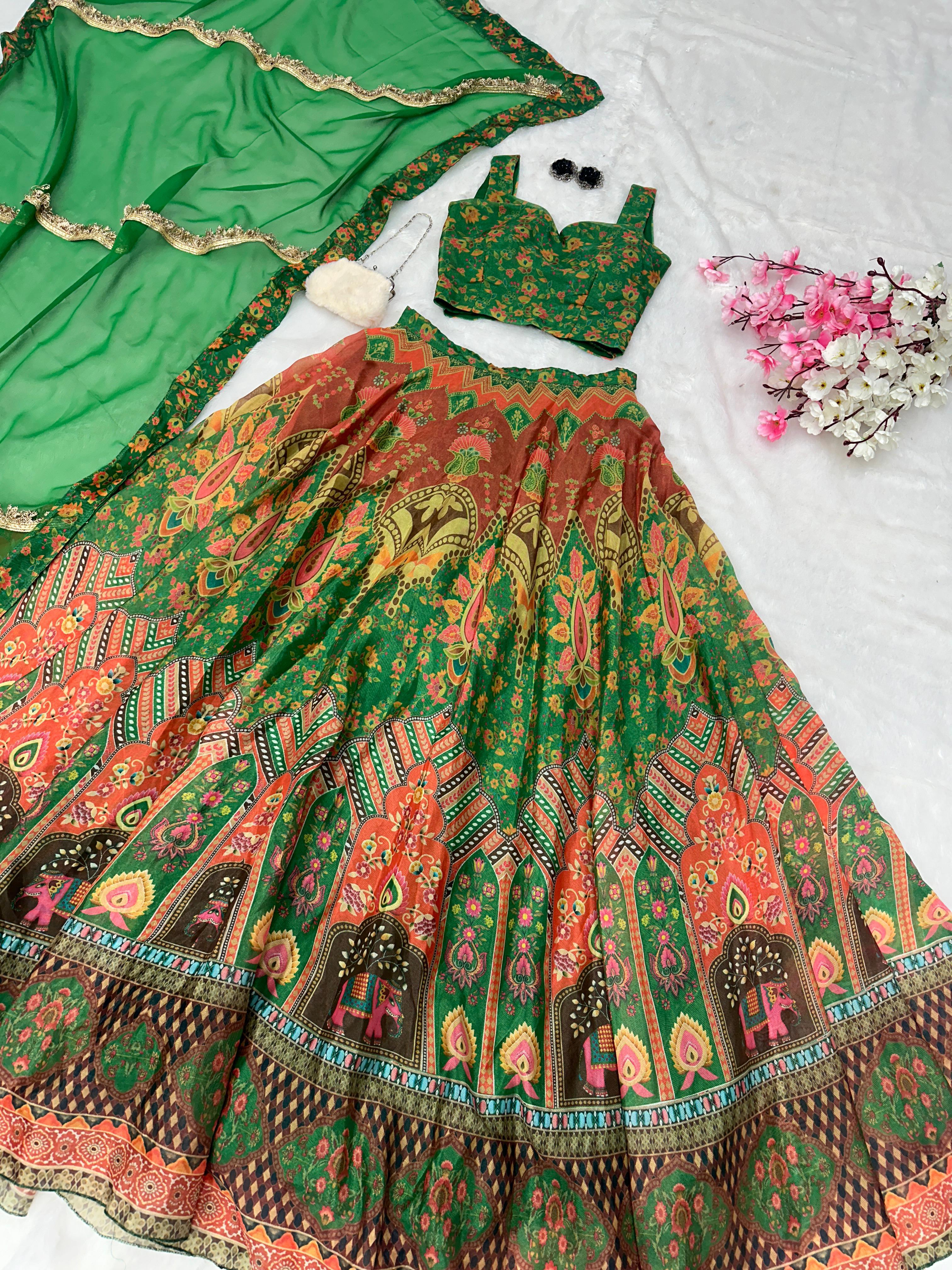 Marvelous Green Color Jimmy Organza Silk Digital Printed Lehenga Choli