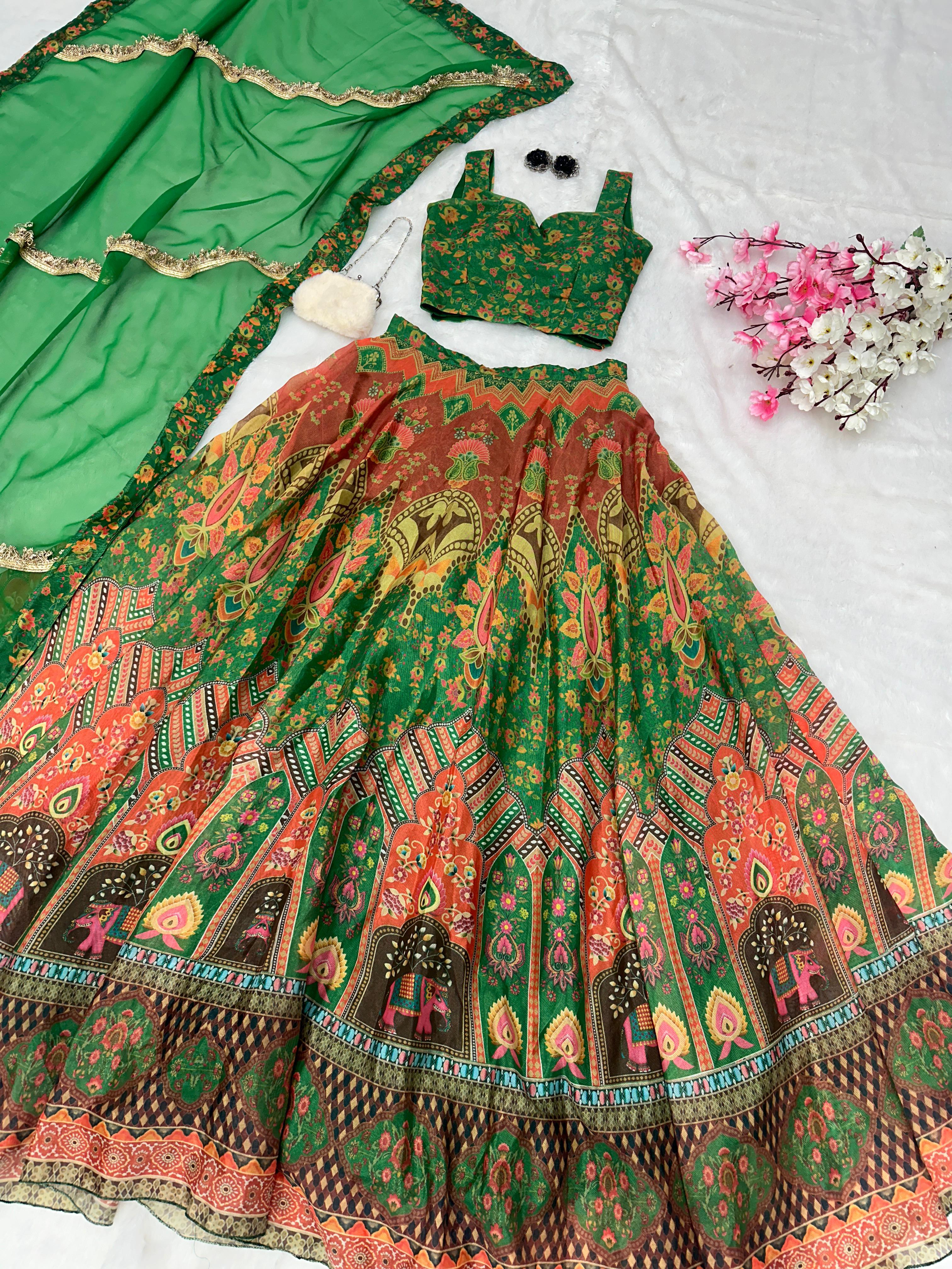 Marvelous Green Color Jimmy Organza Silk Digital Printed Lehenga Choli