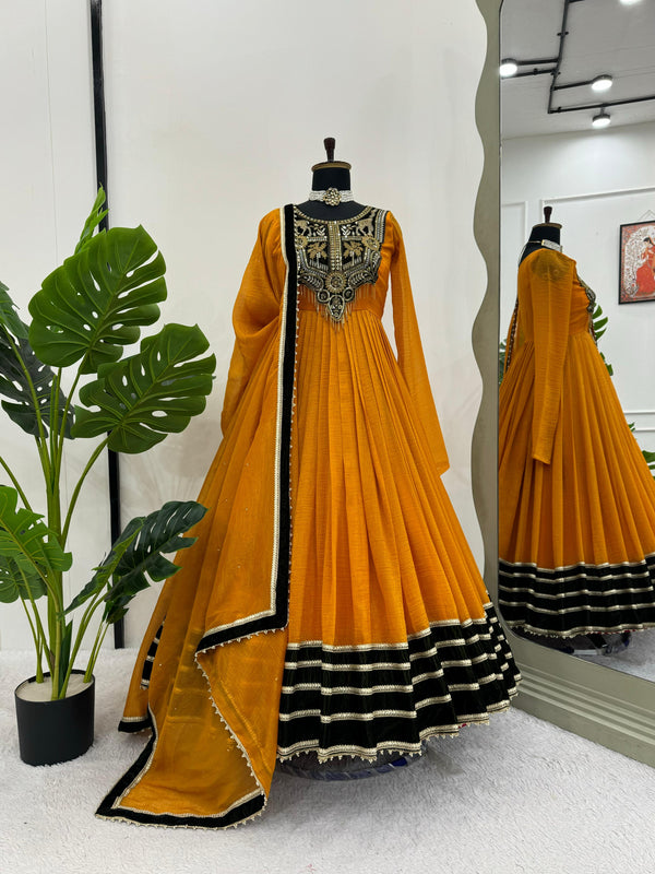 Glorious Mustard Color Gold Crush With Viscos Velvet Designer Gown