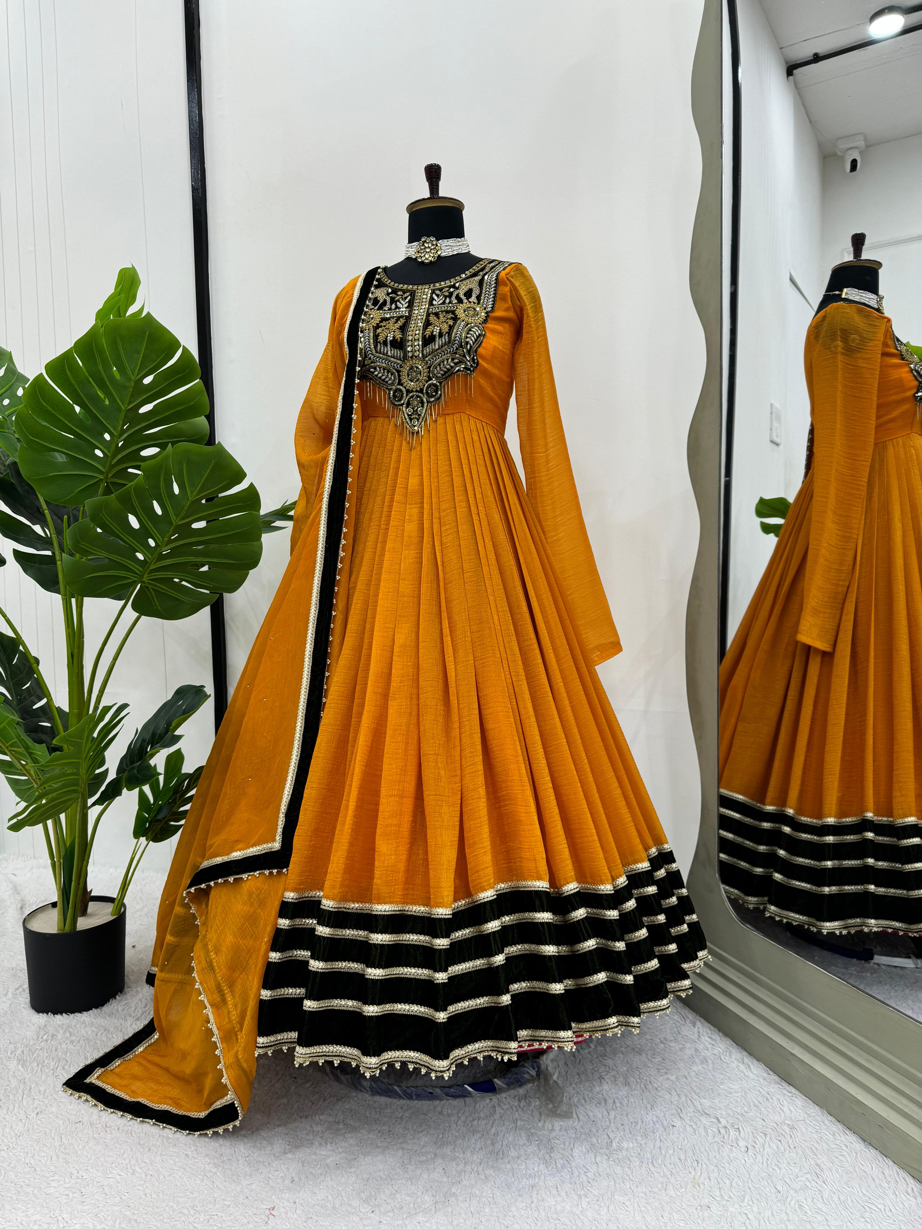 Glorious Mustard Color Gold Crush With Viscos Velvet Designer Gown