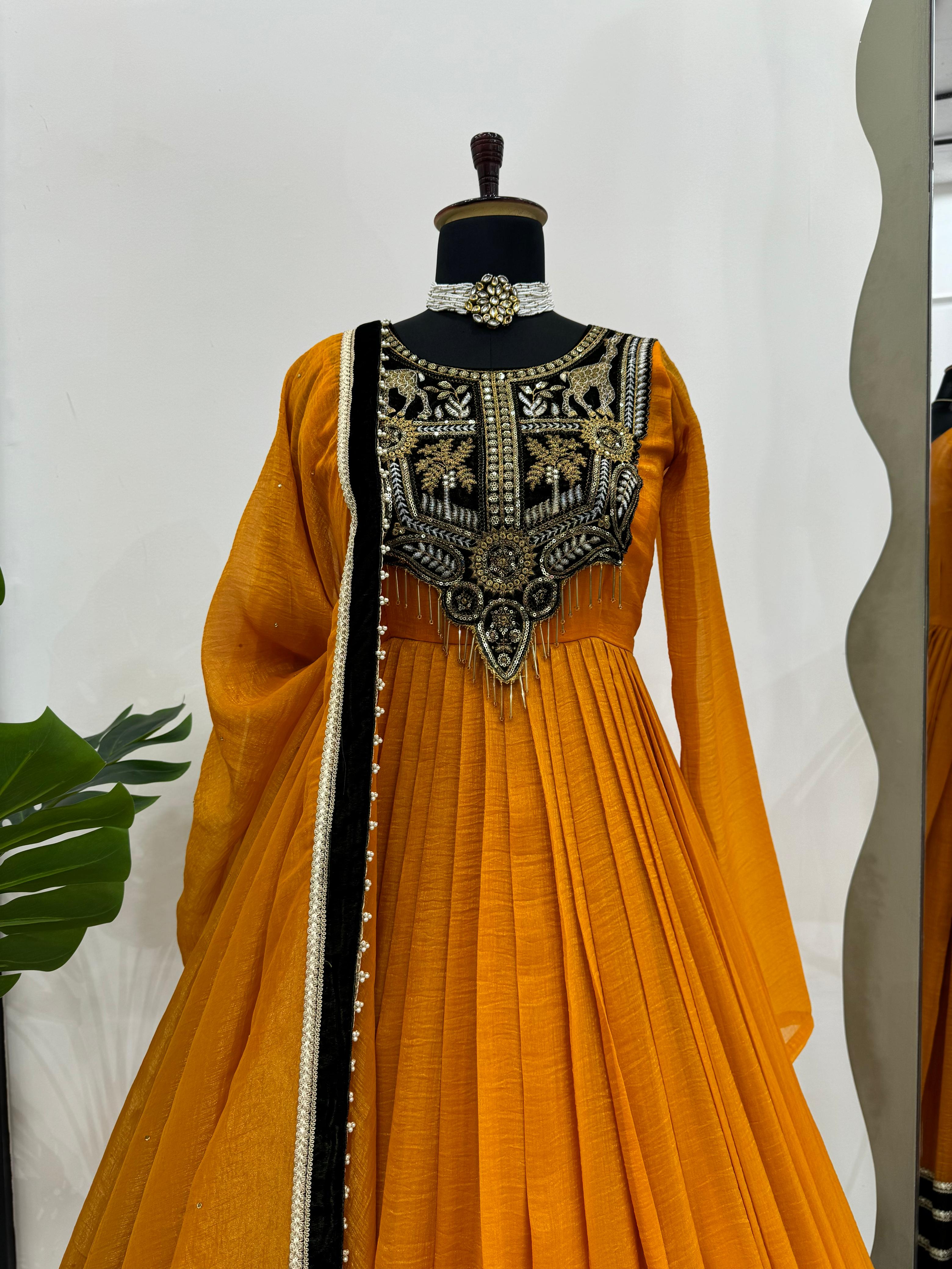 Glorious Mustard Color Gold Crush With Viscos Velvet Designer Gown