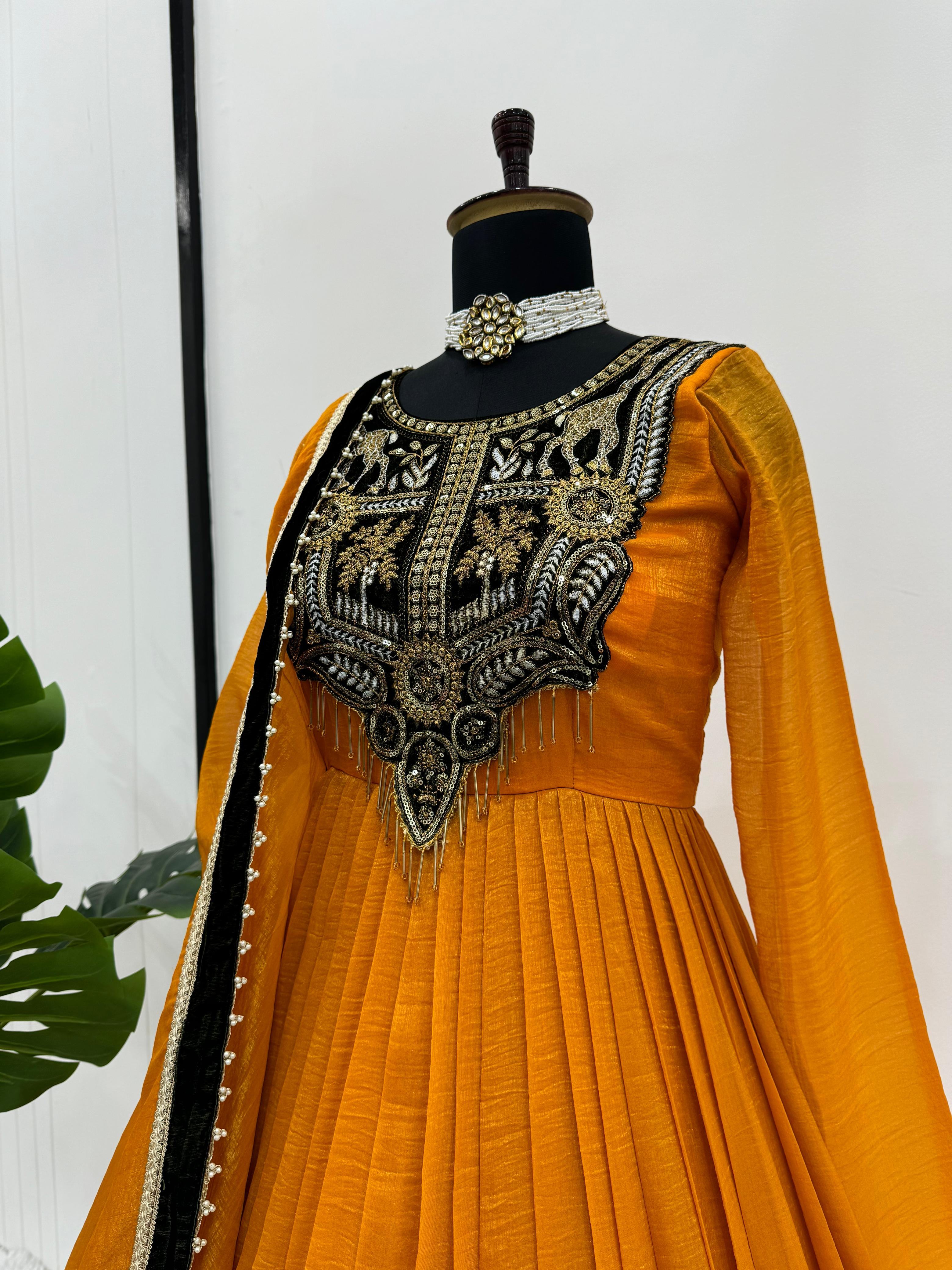 Glorious Mustard Color Gold Crush With Viscos Velvet Designer Gown