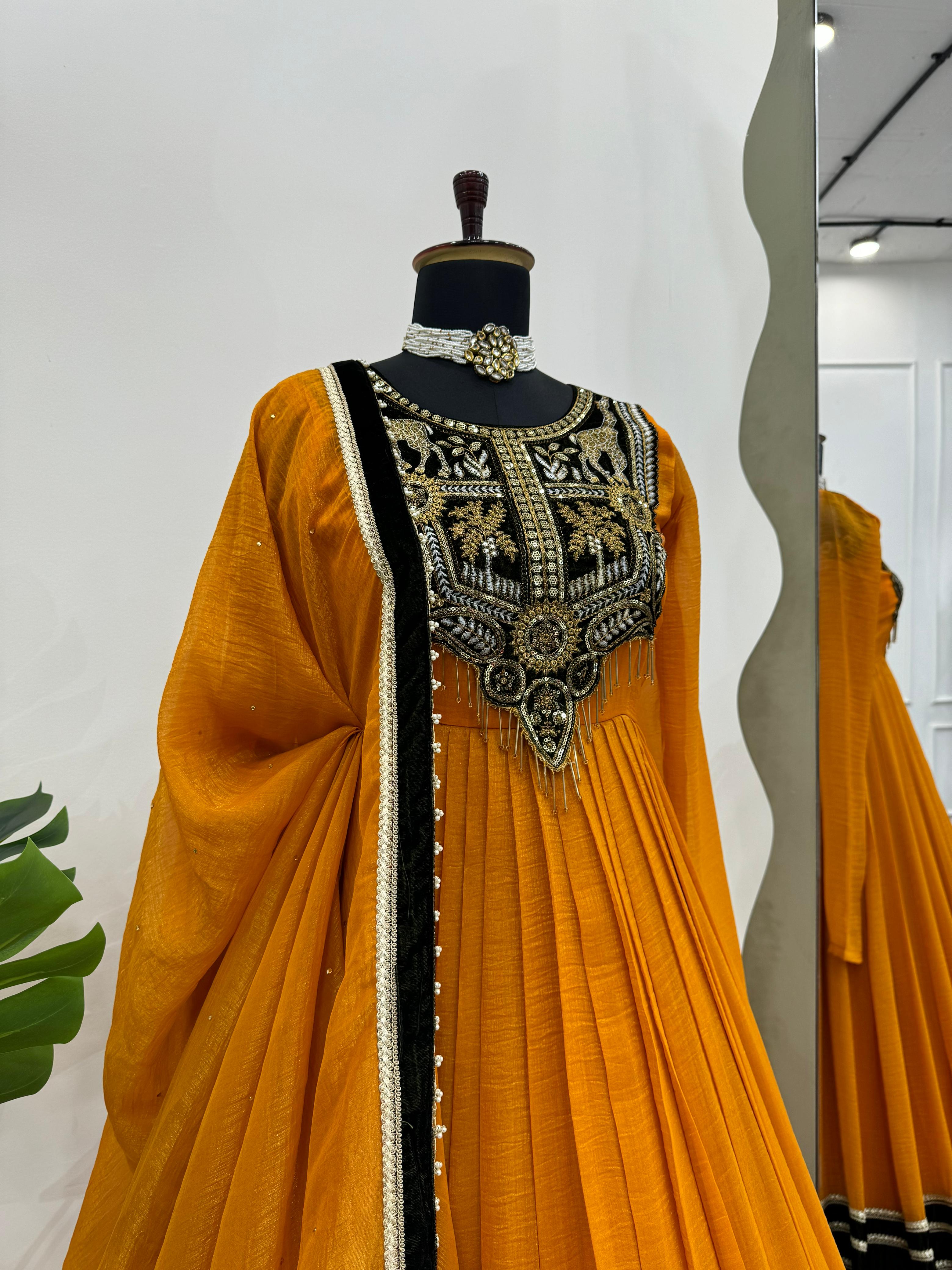 Glorious Mustard Color Gold Crush With Viscos Velvet Designer Gown