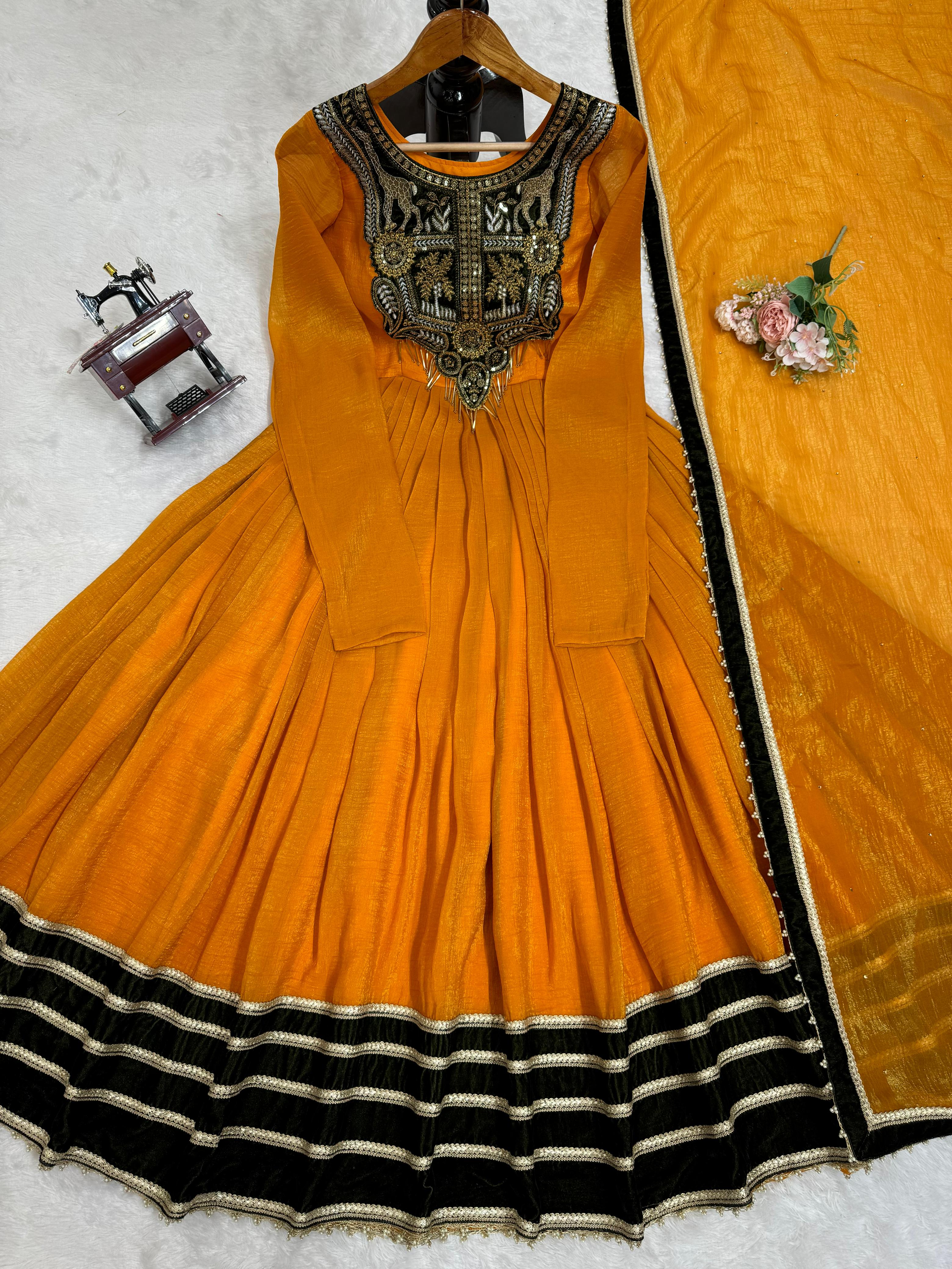Glorious Mustard Color Gold Crush With Viscos Velvet Designer Gown