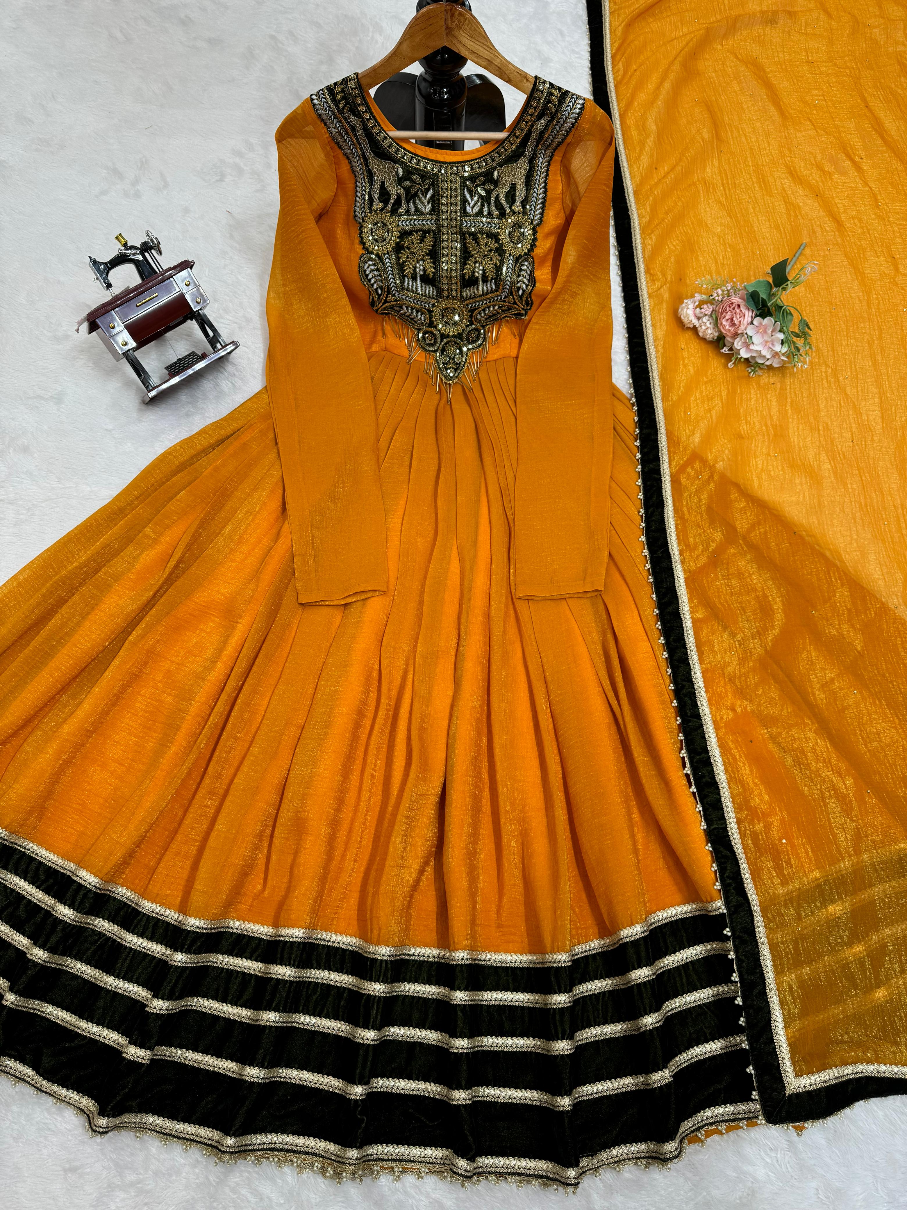 Glorious Mustard Color Gold Crush With Viscos Velvet Designer Gown
