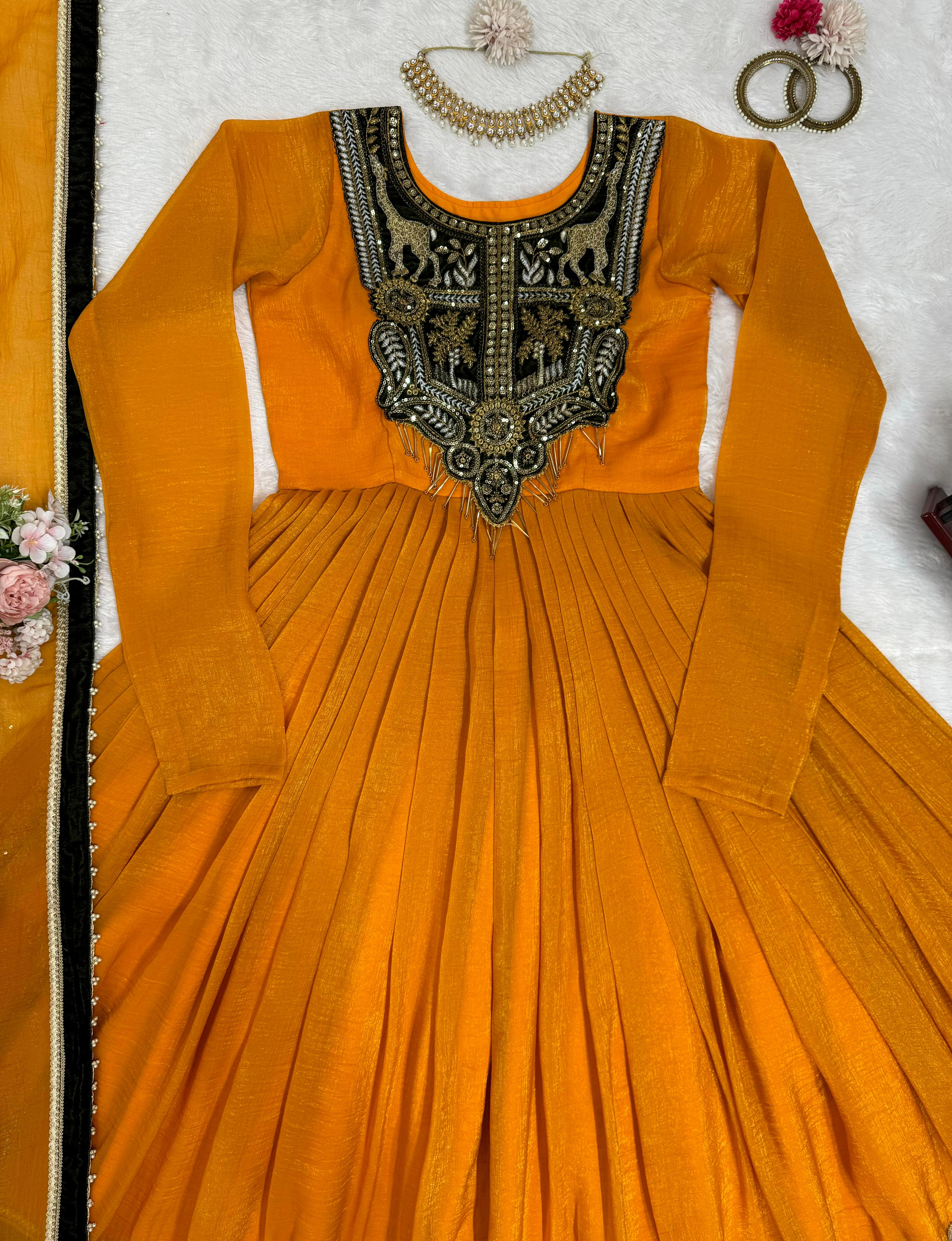 Glorious Mustard Color Gold Crush With Viscos Velvet Designer Gown
