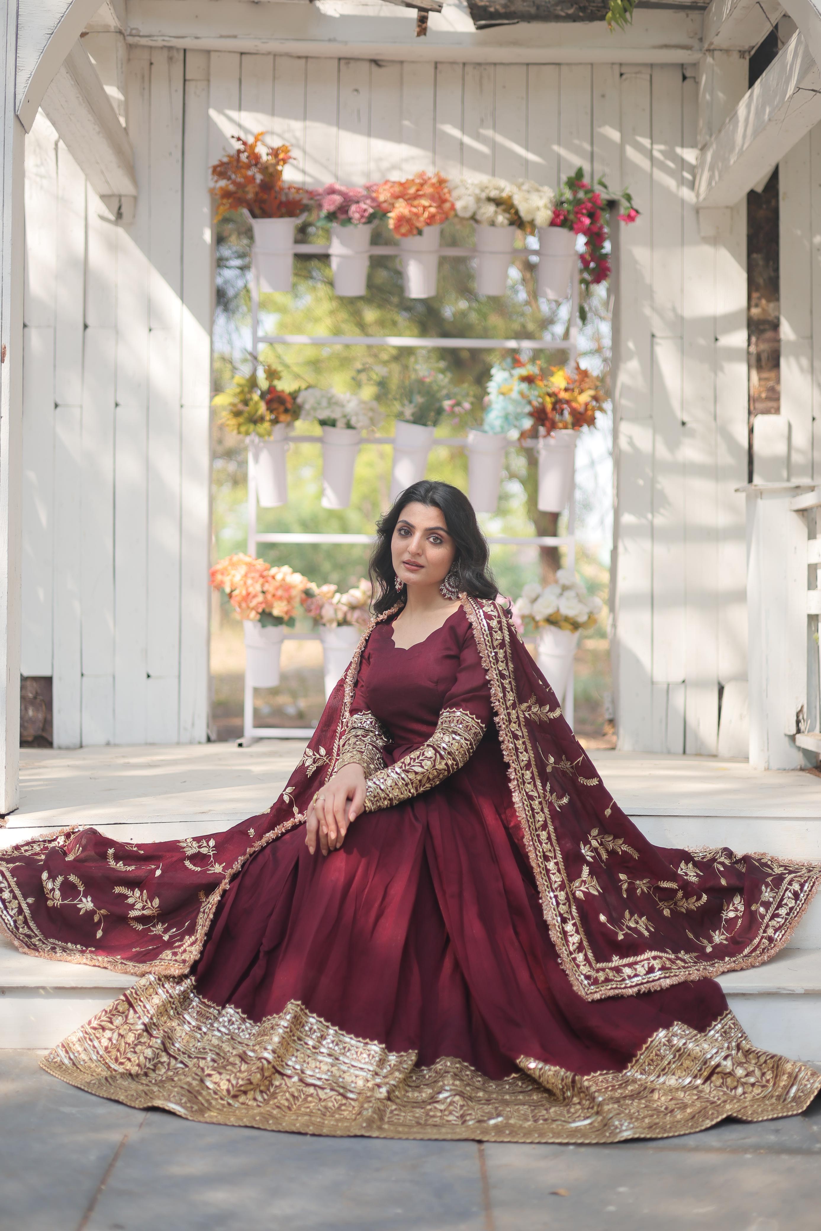 Wedding Wear Dark Maroon Vichitra Shimmer With Sequins And Embroidered Work Designer Gown