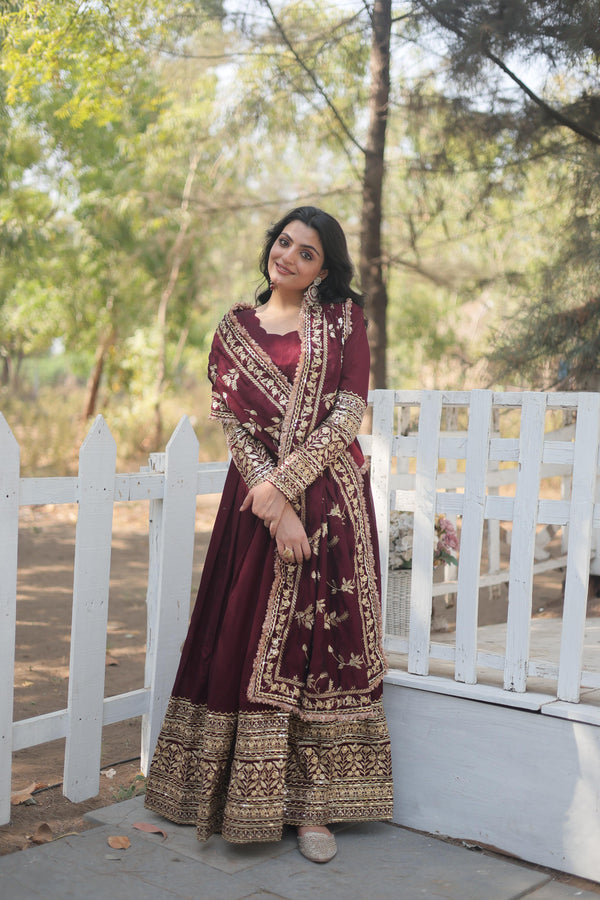 Wedding Wear Dark Maroon Vichitra Shimmer With Sequins And Embroidered Work Designer Gown