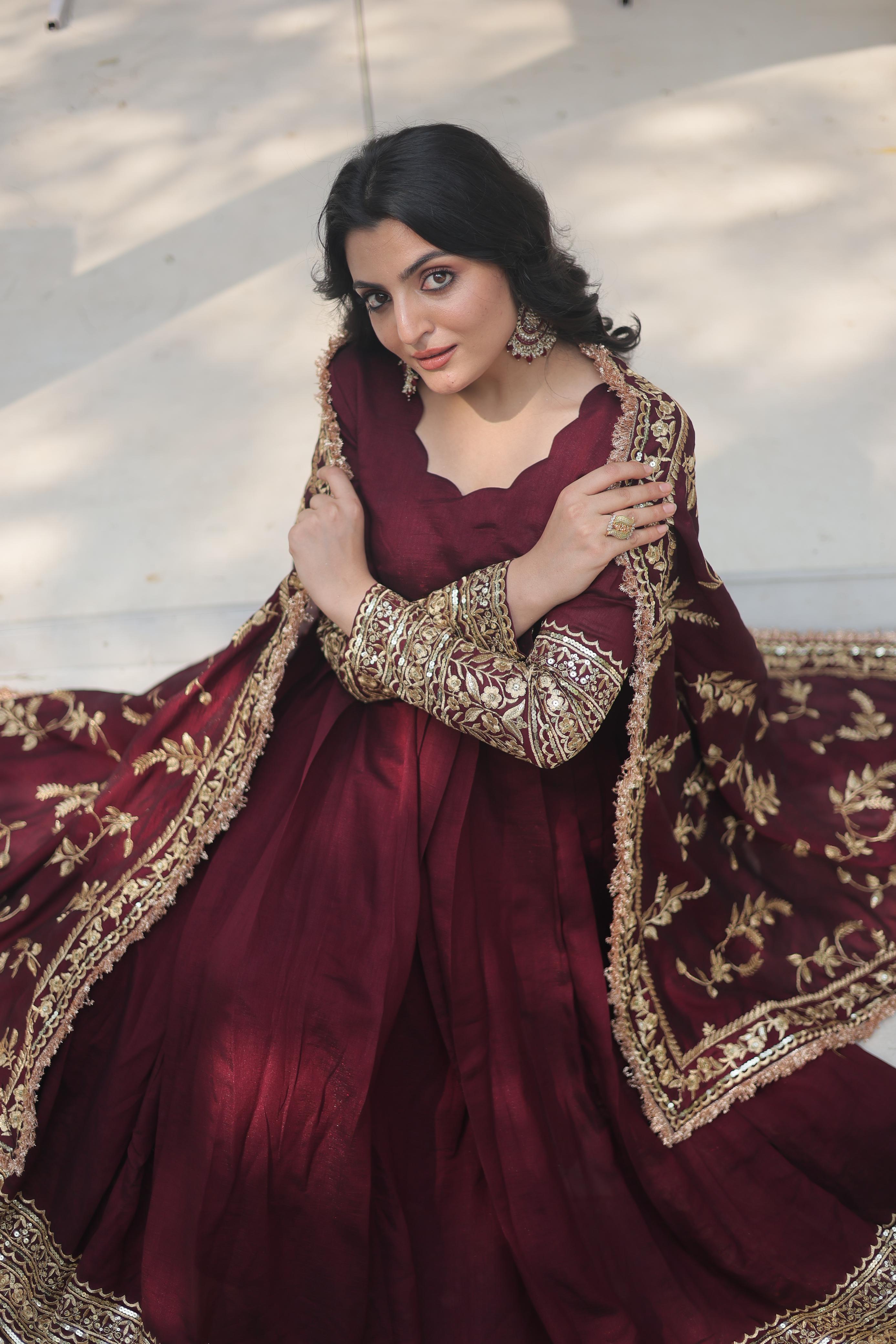 Wedding Wear Dark Maroon Vichitra Shimmer With Sequins And Embroidered Work Designer Gown