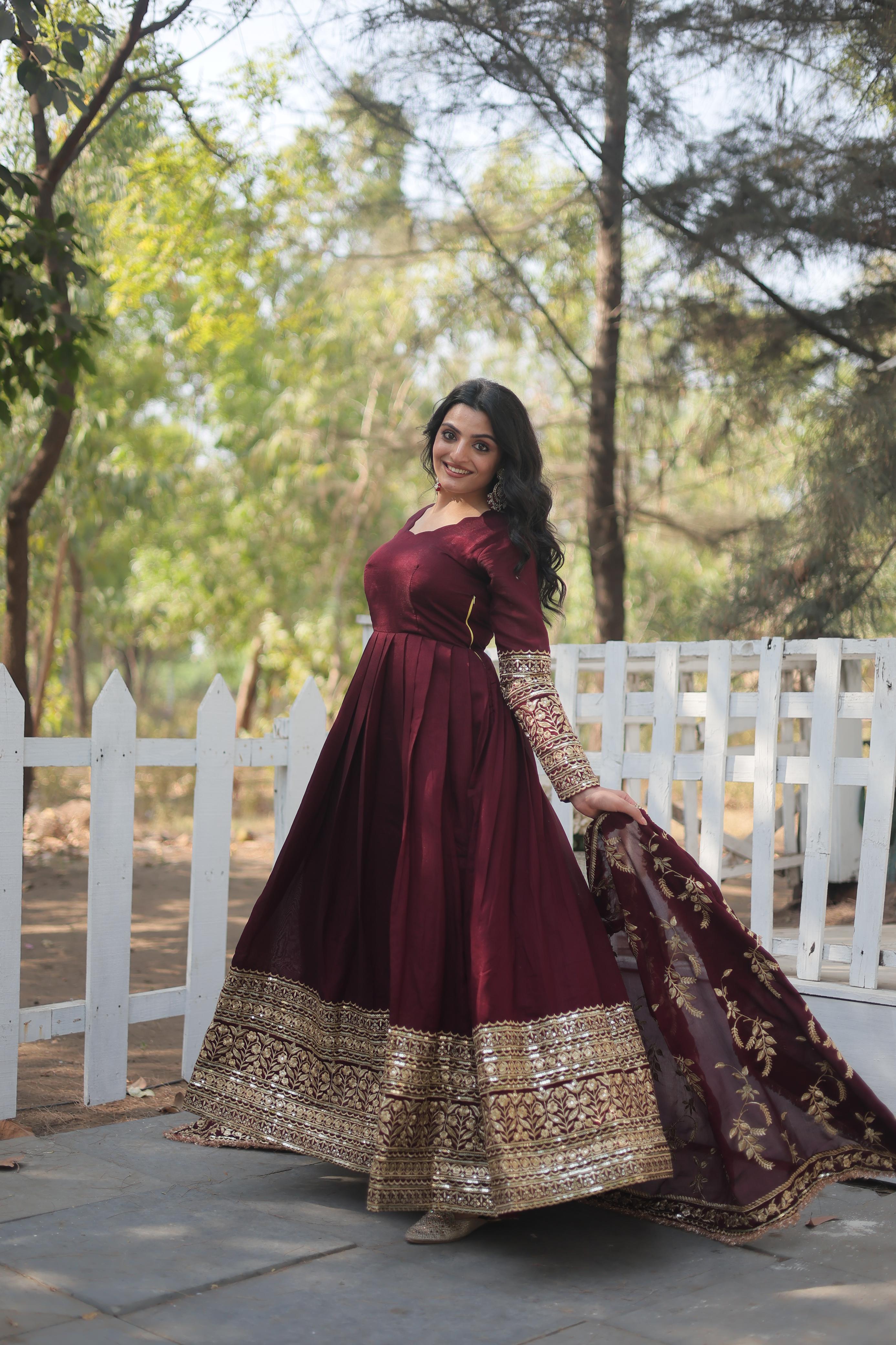 Wedding Wear Dark Maroon Vichitra Shimmer With Sequins And Embroidered Work Designer Gown