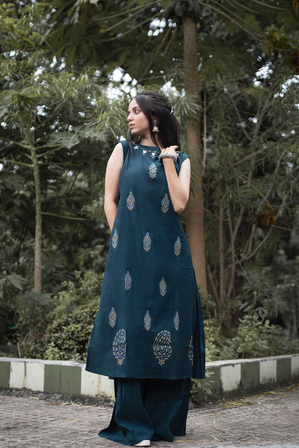 Eyes Catching Teal Blue Color Mirror Hand Work Designer Palazzo Suit