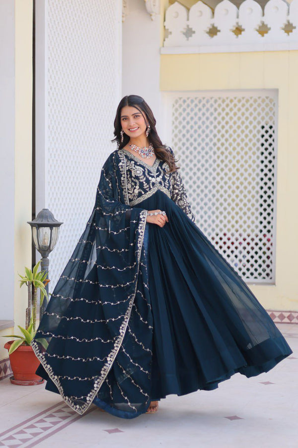 Party Wear Teal Blue Color Faux Georgette And Heavy Sequence Embroidery Work Designer Gown