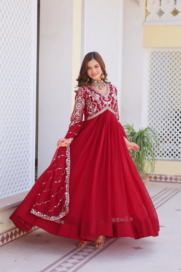 Party Wear Red Color Faux Georgette And Heavy Sequence Embroidery Work Designer Gown