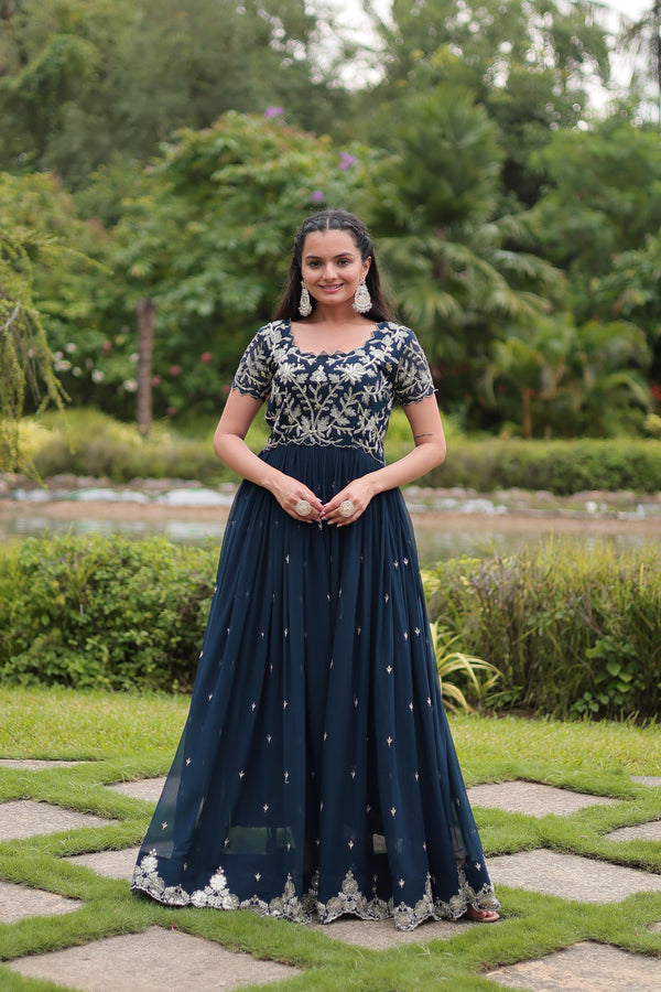 Festive Wear Teal Blue Color Faux Blooming With Coding Sequins Embroidered Work Designer Gown