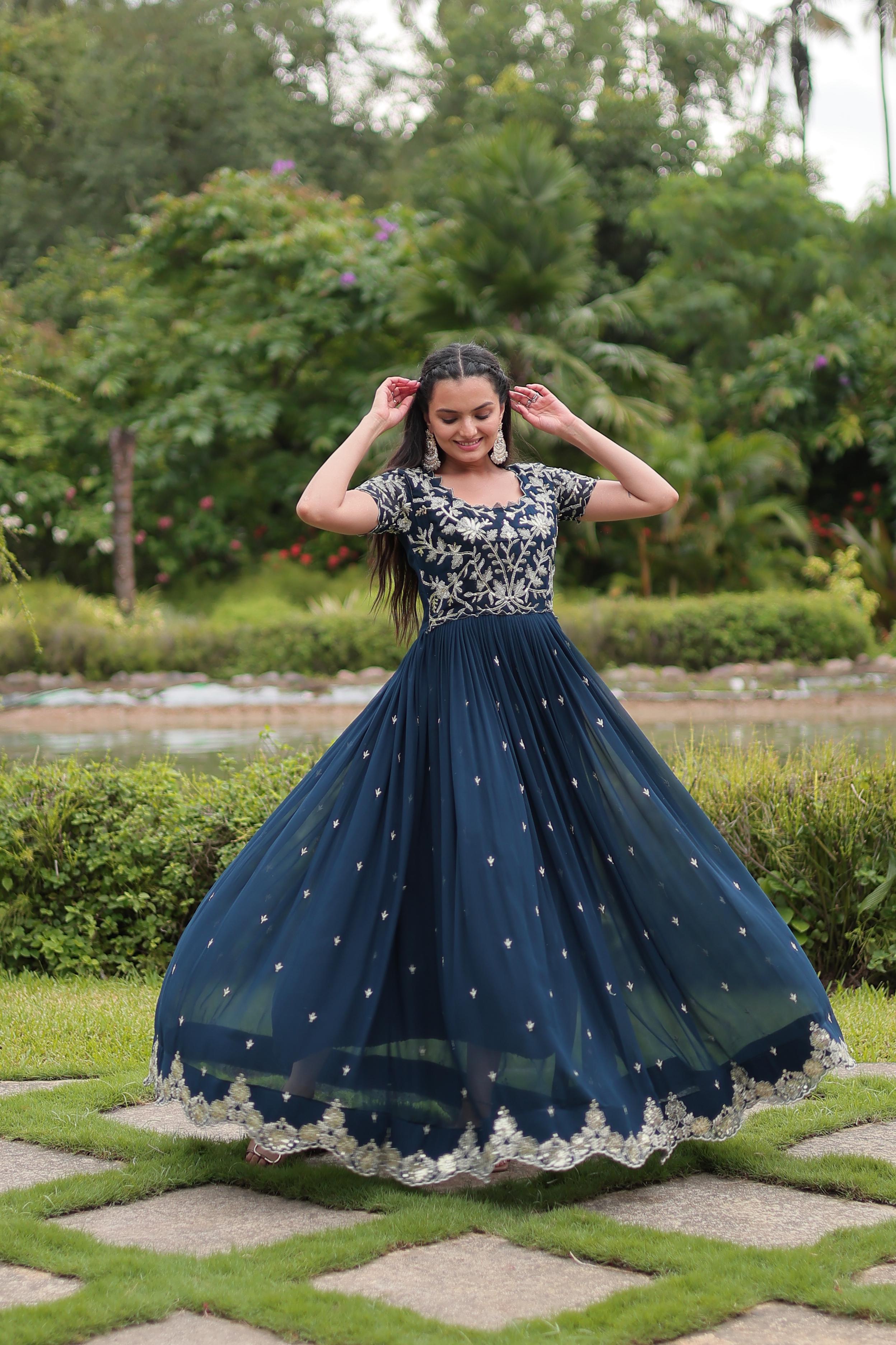 Festive Wear Teal Blue Color Faux Blooming With Coding Sequins Embroidered Work Designer Gown