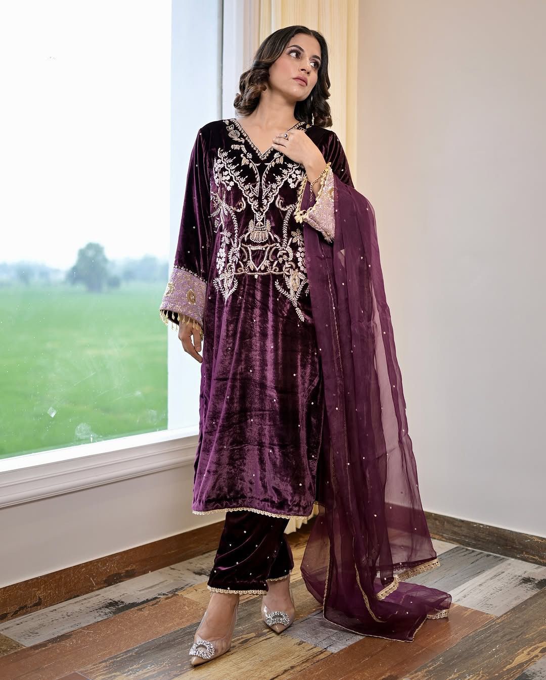 Latest Designer Wine Color Velvet Sequence Embroidery Work Beautiful Salwar Suit