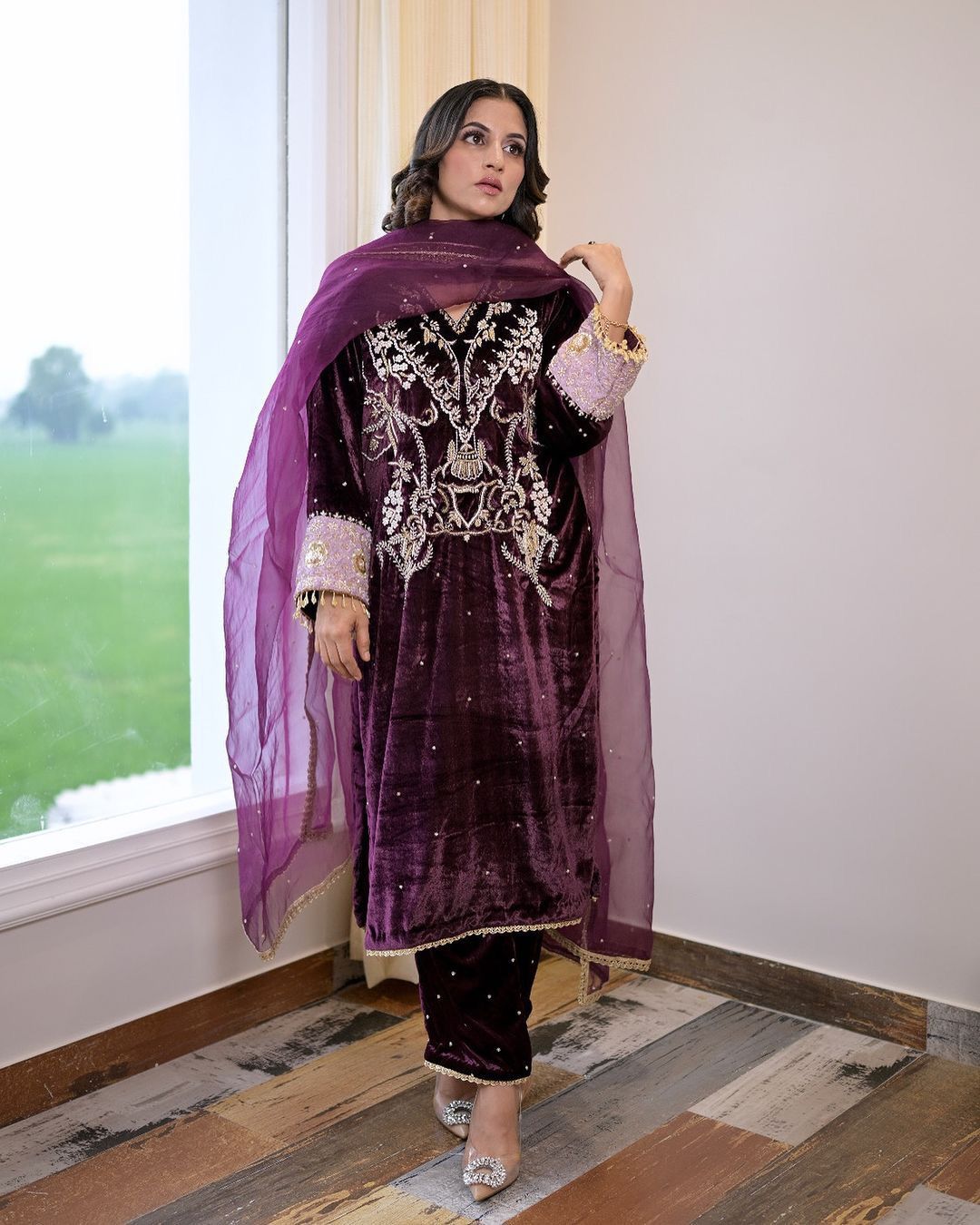 Latest Designer Wine Color Velvet Sequence Embroidery Work Beautiful Salwar Suit