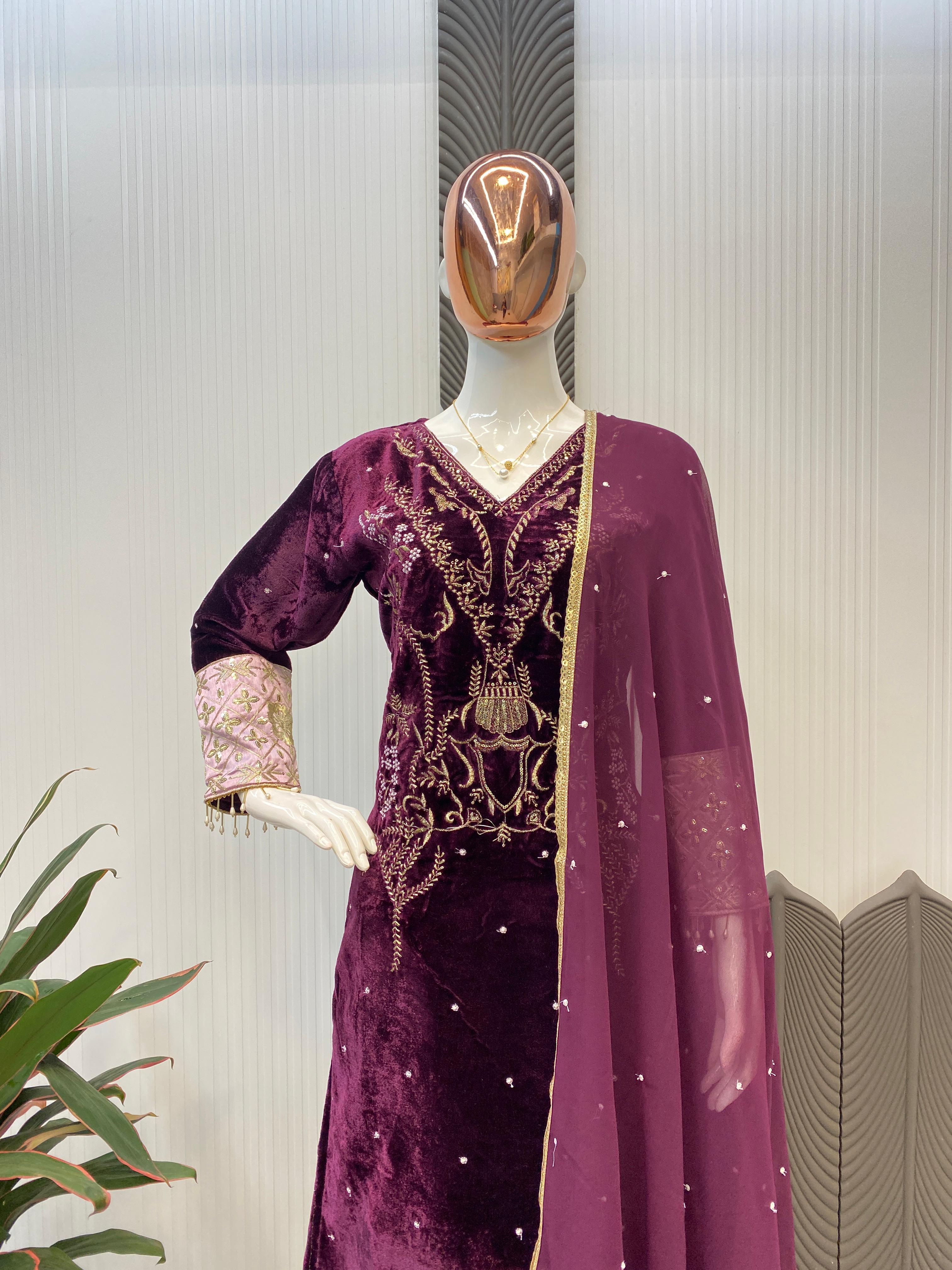 Latest Designer Wine Color Velvet Sequence Embroidery Work Beautiful Salwar Suit