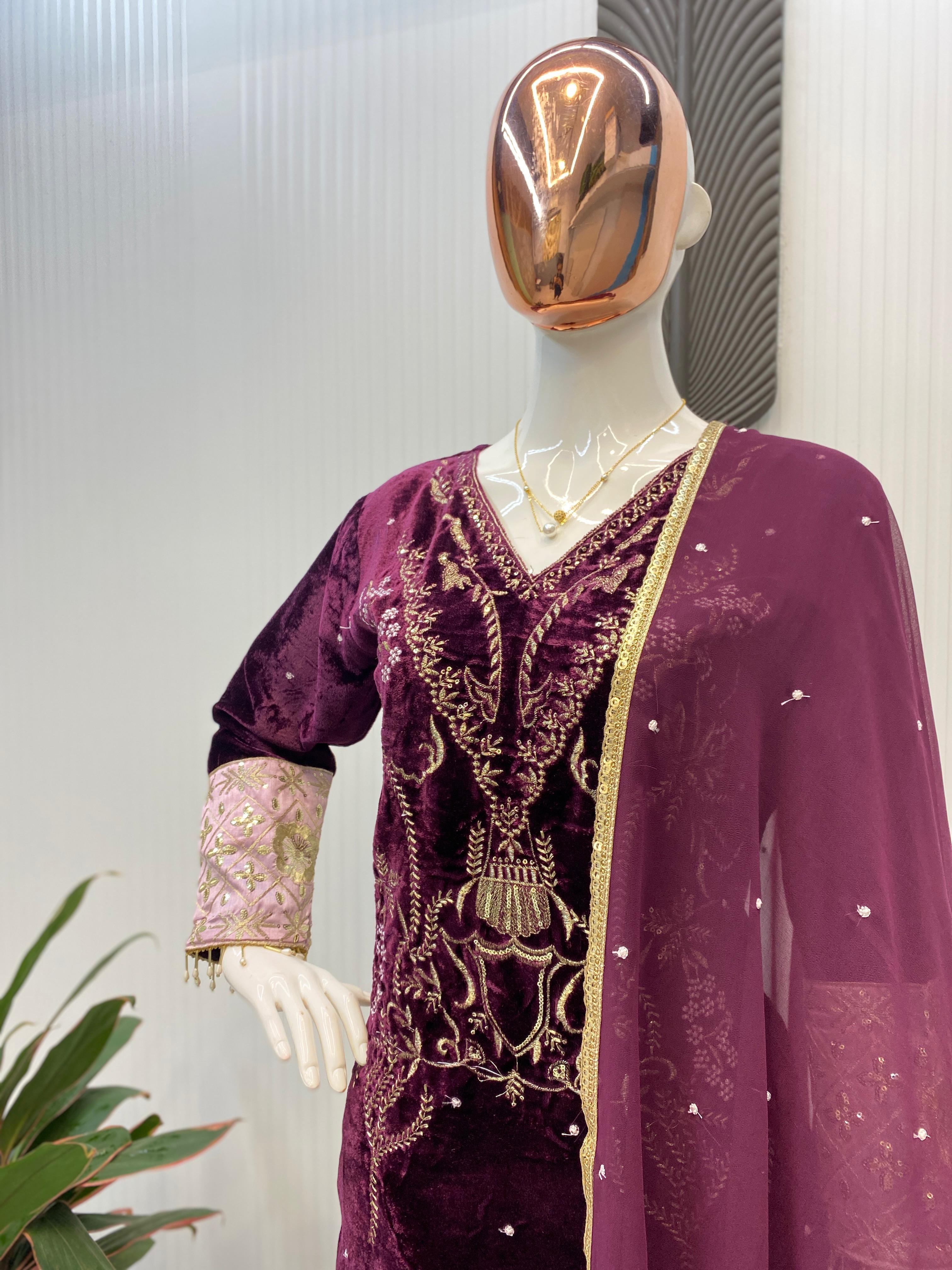 Latest Designer Wine Color Velvet Sequence Embroidery Work Beautiful Salwar Suit