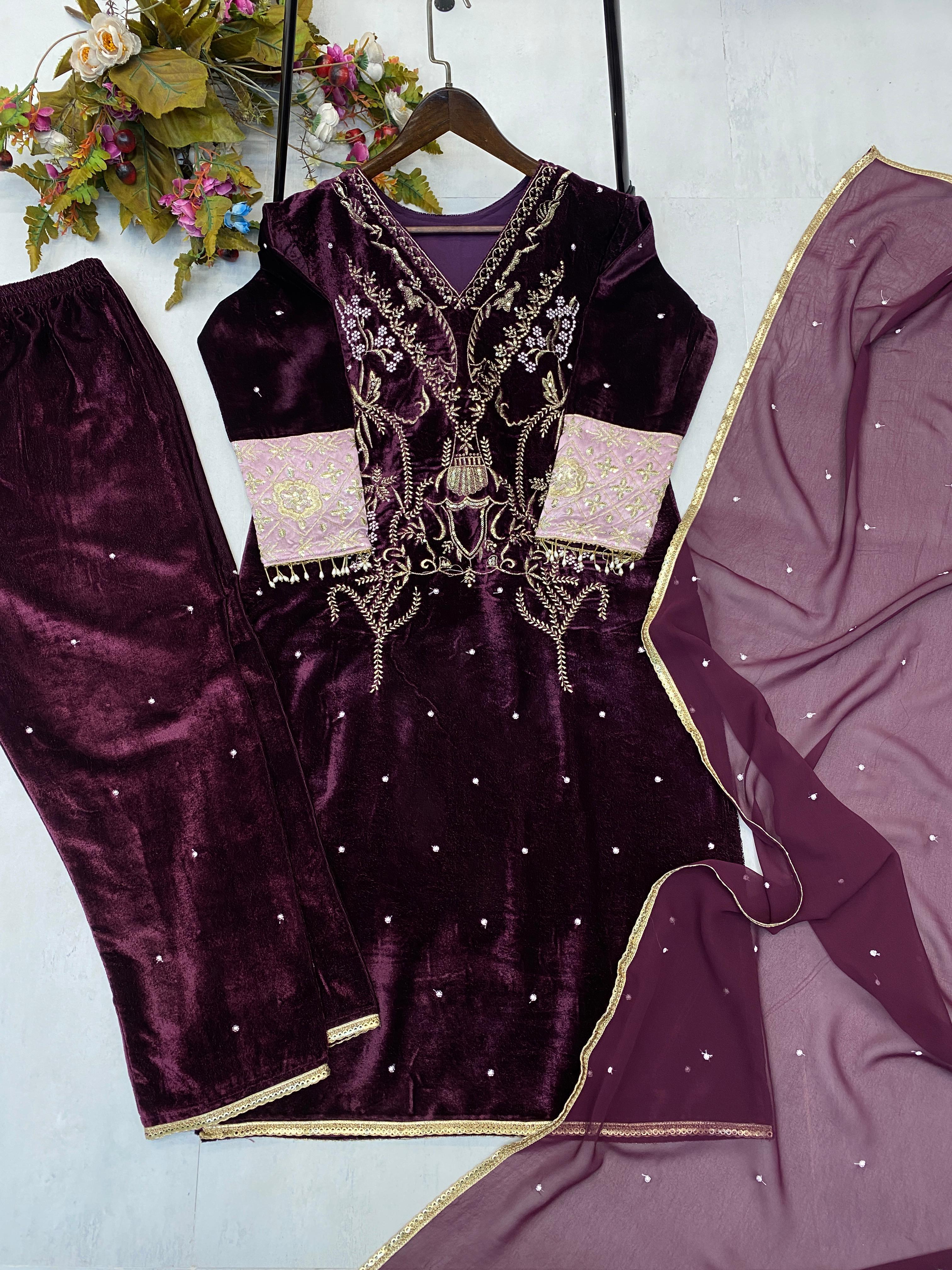 Latest Designer Wine Color Velvet Sequence Embroidery Work Beautiful Salwar Suit