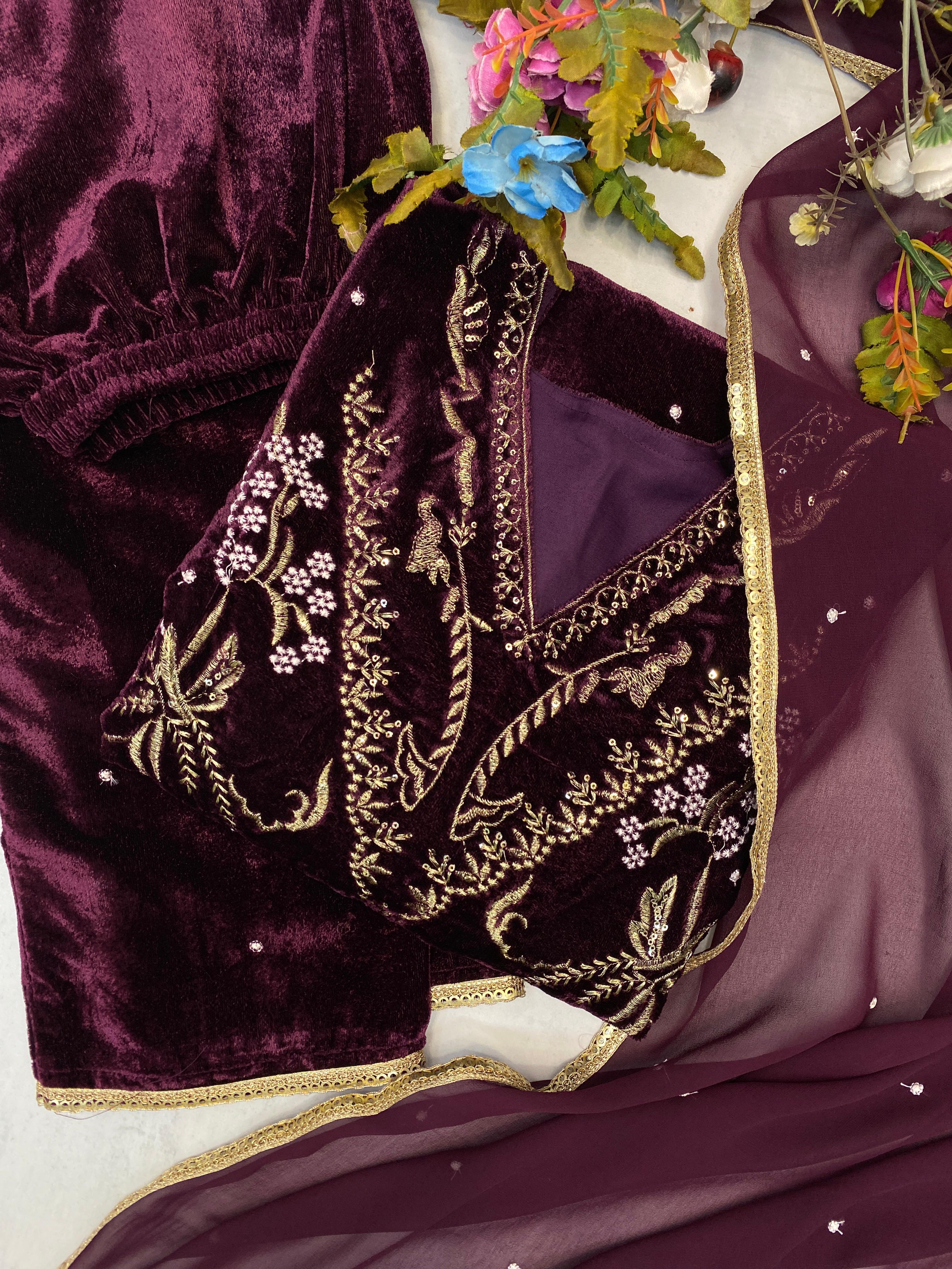 Latest Designer Wine Color Velvet Sequence Embroidery Work Beautiful Salwar Suit