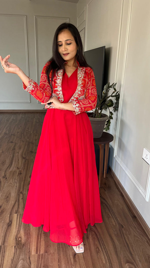 Outstanding Red Color Faux Georgette With Embroidery Cording Sequence Work Jacket With Gown