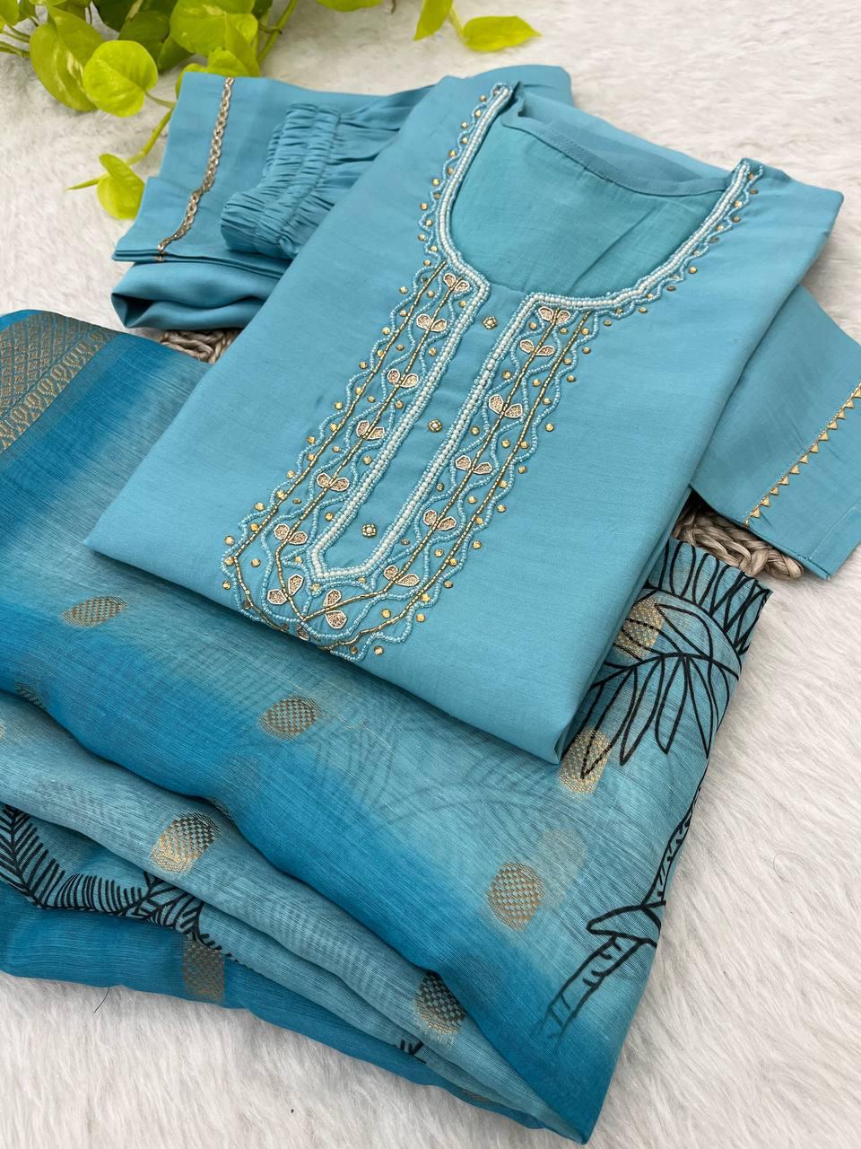 Premium Roman Silk Soft Fabric With Handwork Neck Beautiful Sky Color Kurti With Pant