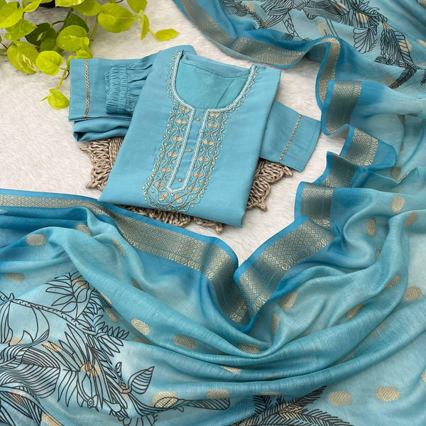 Premium Roman Silk Soft Fabric With Handwork Neck Beautiful Sky Color Kurti With Pant