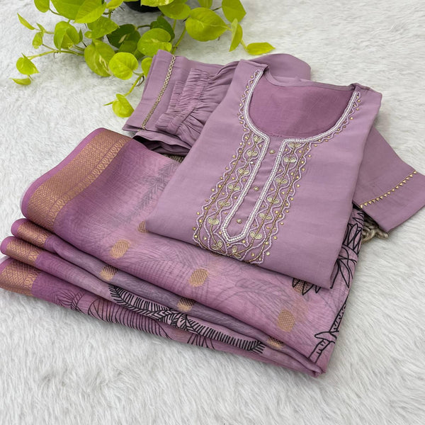 Premium Roman Silk Soft Fabric With Handwork Neck Beautiful Lavender Color Kurti With Pant