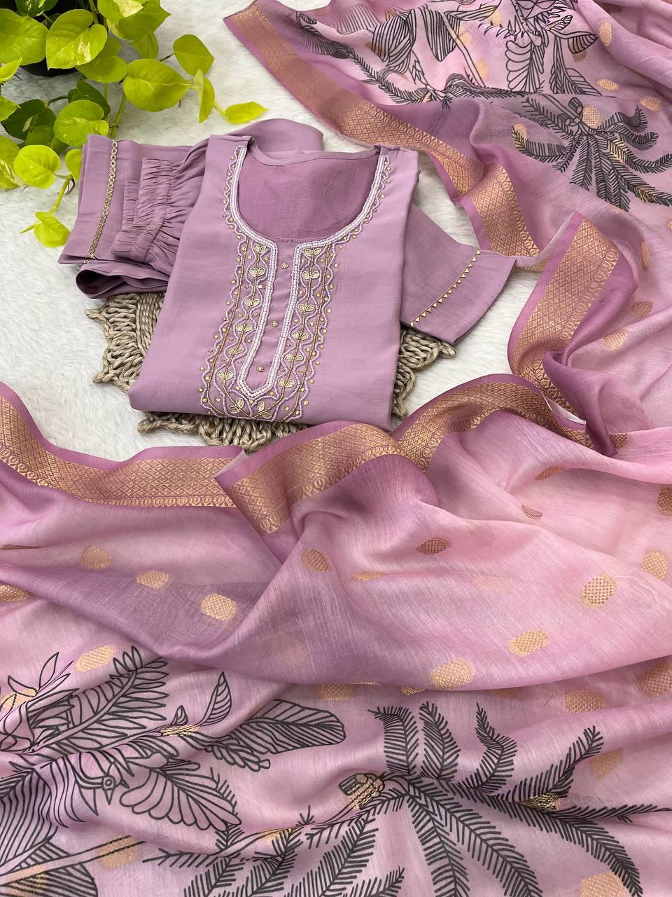 Premium Roman Silk Soft Fabric With Handwork Neck Beautiful Lavender Color Kurti With Pant