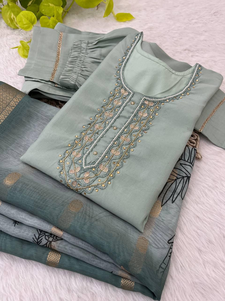 Premium Roman Silk Soft Fabric With Handwork Neck Beautiful Grey Color Kurti With Pant