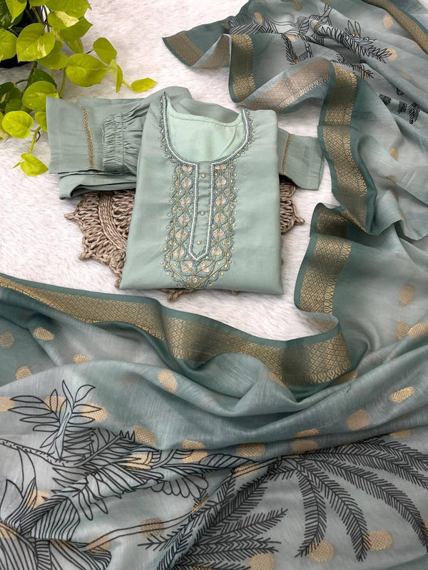 Premium Roman Silk Soft Fabric With Handwork Neck Beautiful Grey Color Kurti With Pant