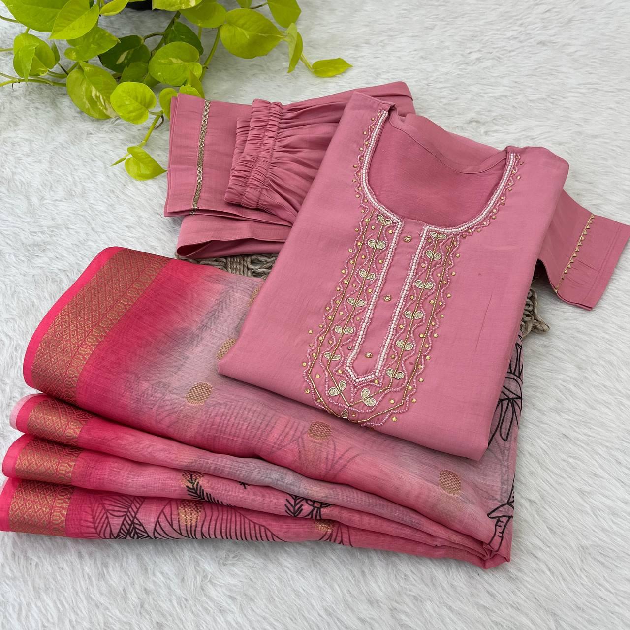 Premium Roman Silk Soft Fabric With Handwork Neck Beautiful Pink Color Kurti With Pant