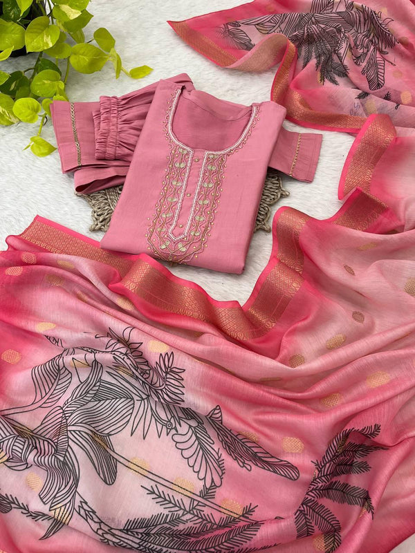 Premium Roman Silk Soft Fabric With Handwork Neck Beautiful Pink Color Kurti With Pant