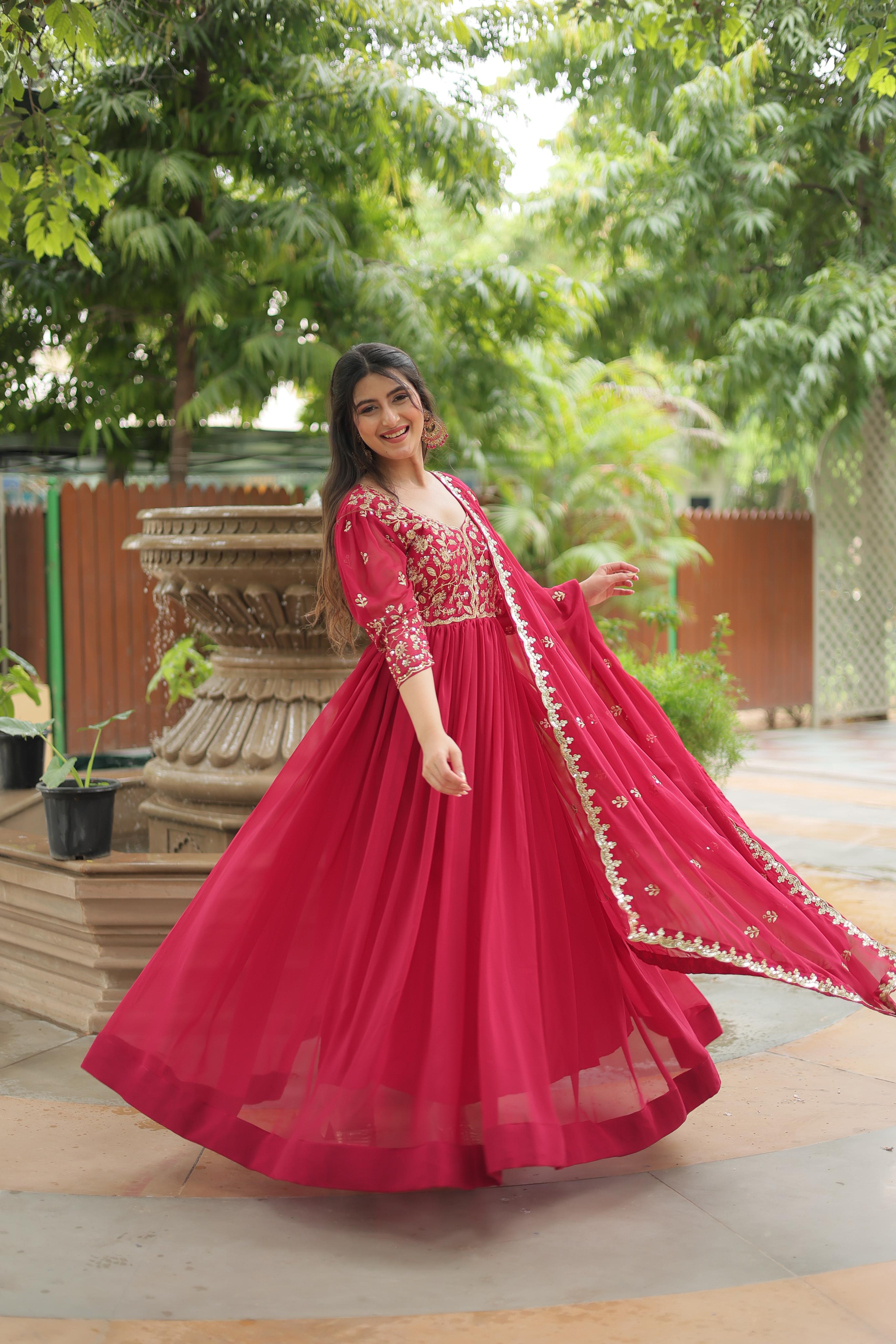 Party Wear Faux Blooming Gown With Rich Sequins Embroidered Work Designer Pink Color Gown