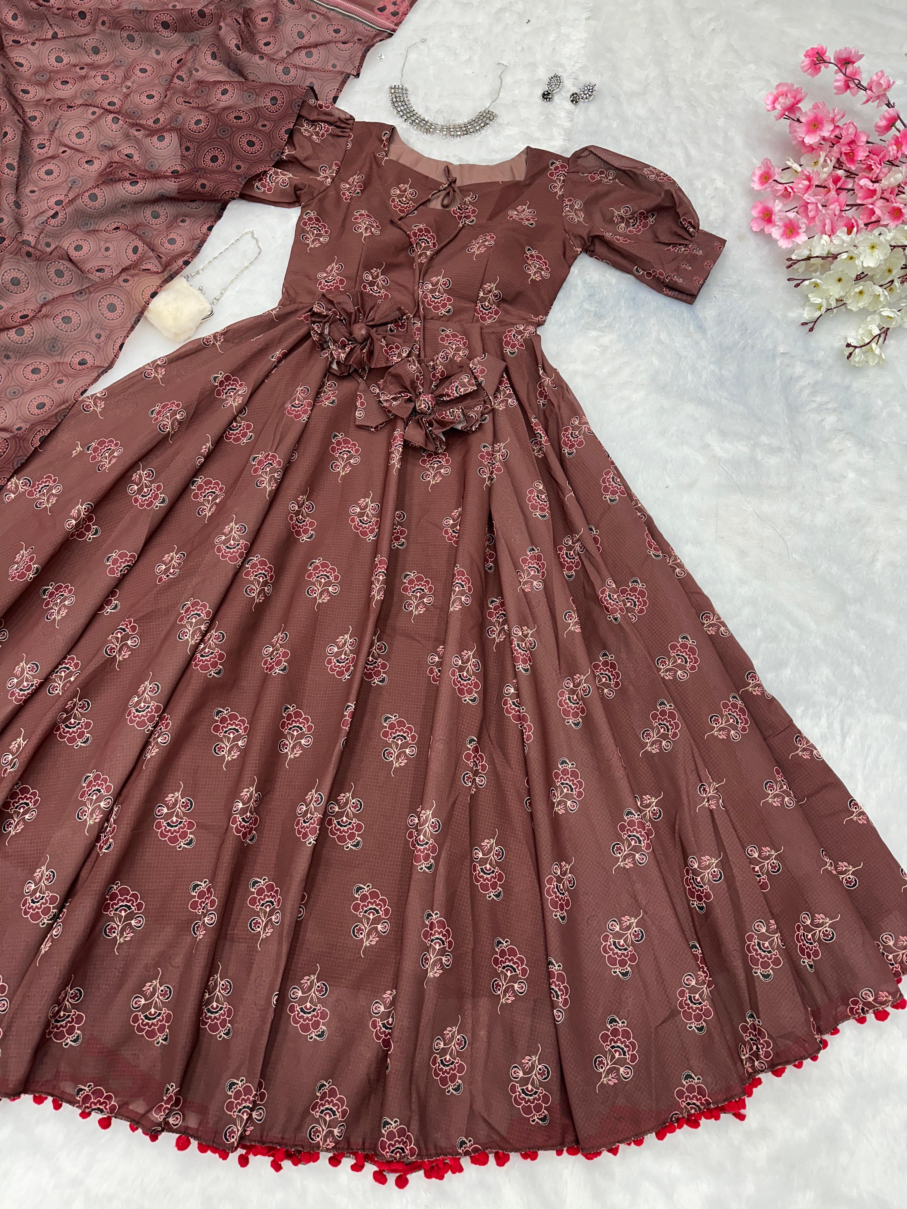 Pretty Brown Color Pure Soft Cotton Printed Anarkali Huge 8 Meter Flair Anarkali Gown
