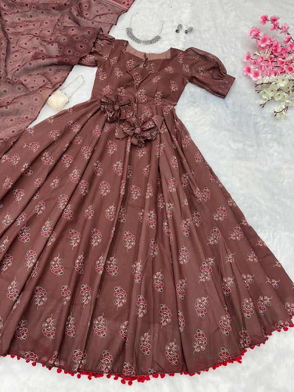 Pretty Brown Color Pure Soft Cotton Printed Anarkali Huge 8 Meter Flair Anarkali Gown