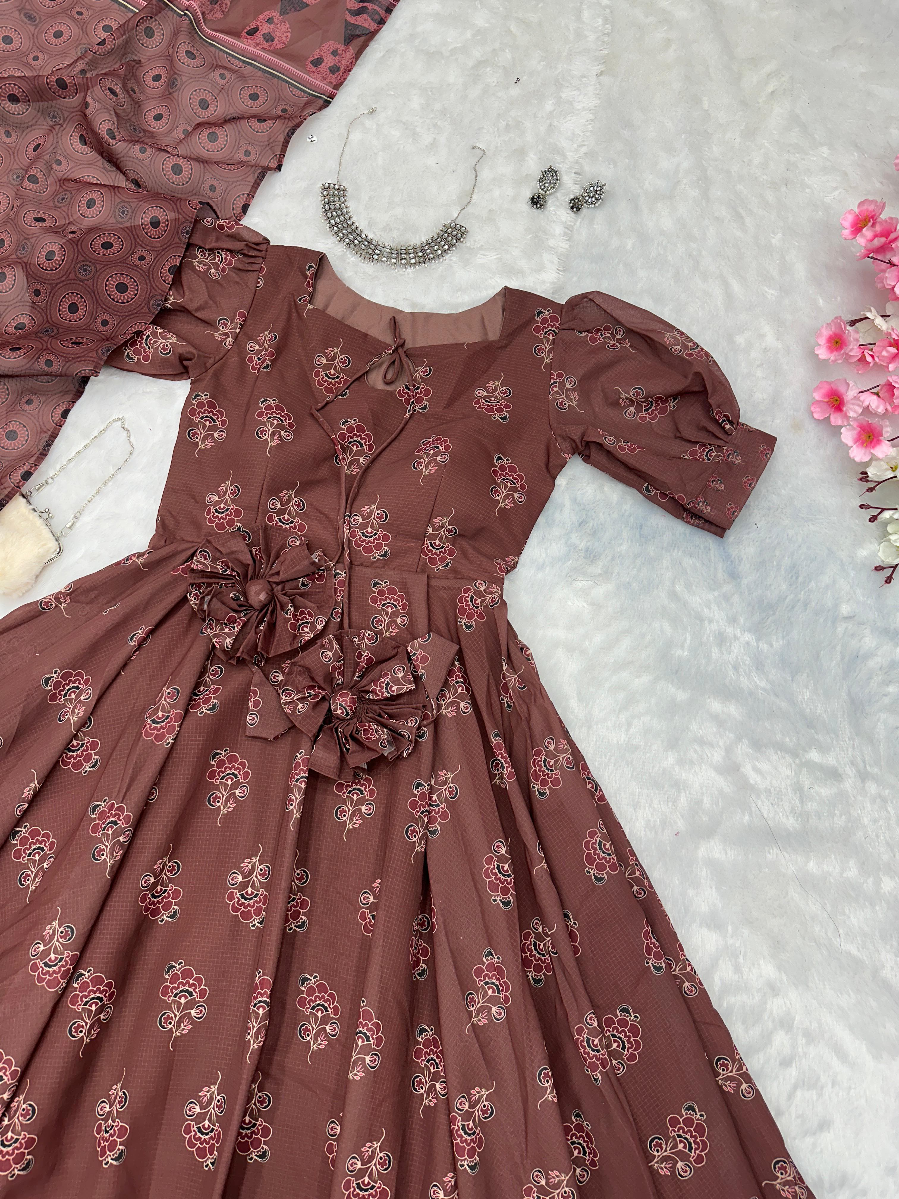 Pretty Brown Color Pure Soft Cotton Printed Anarkali Huge 8 Meter Flair Anarkali Gown